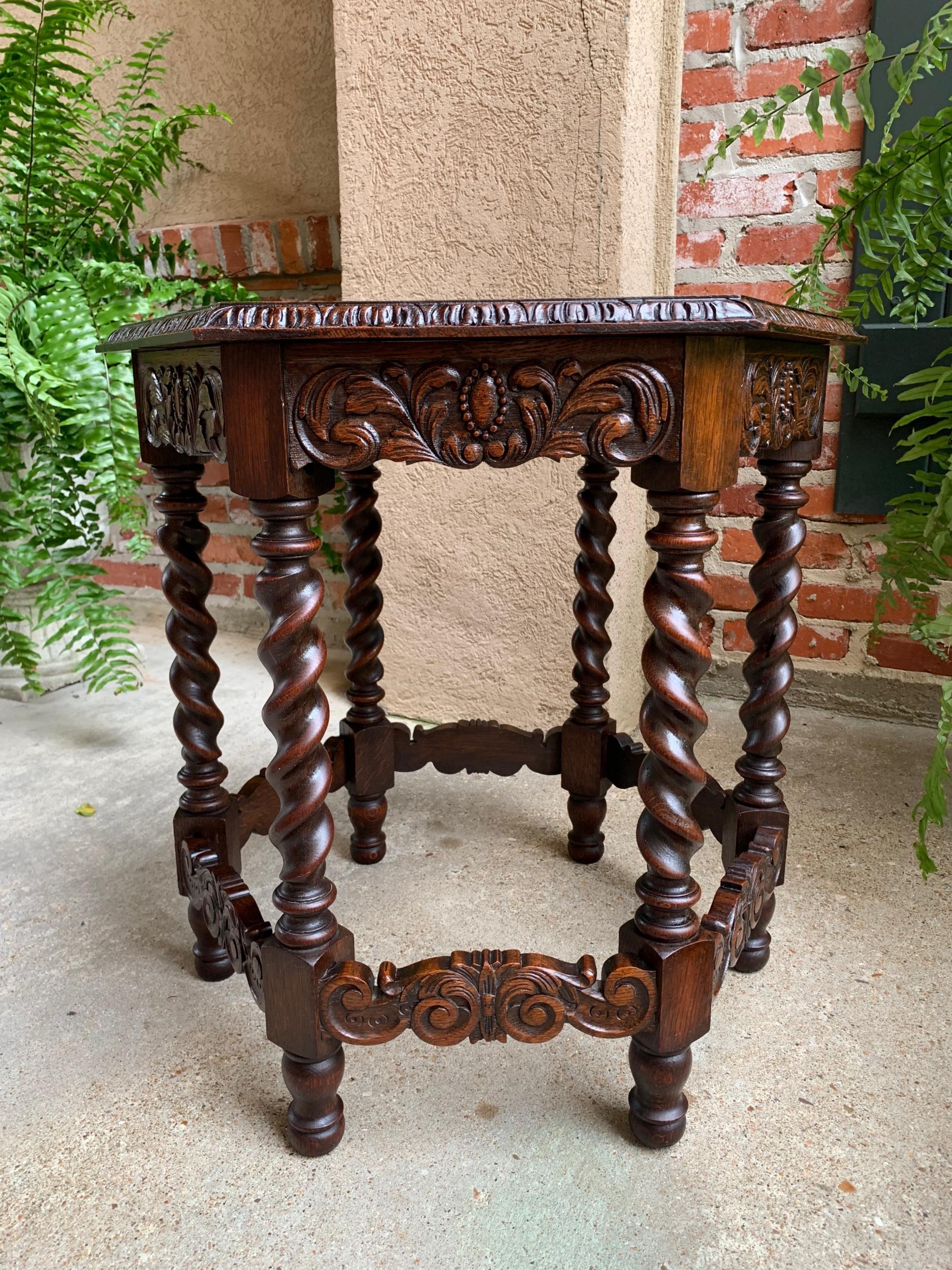 Early 20th Century Petite Antique French Carved Oak Octagon Wine Tea Side Table Barley Twist, c1900