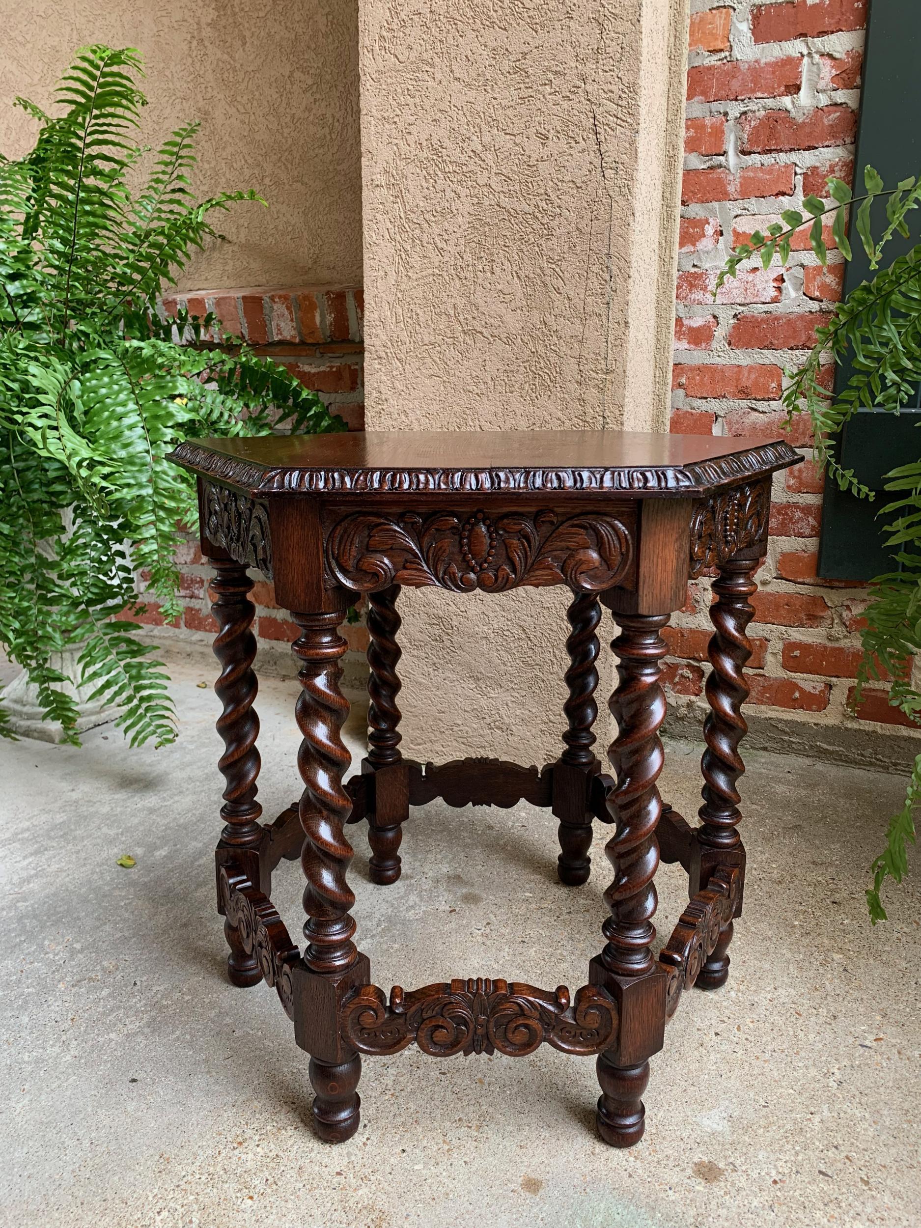 Petite Antique French Carved Oak Octagon Wine Tea Side Table Barley Twist, c1900 1