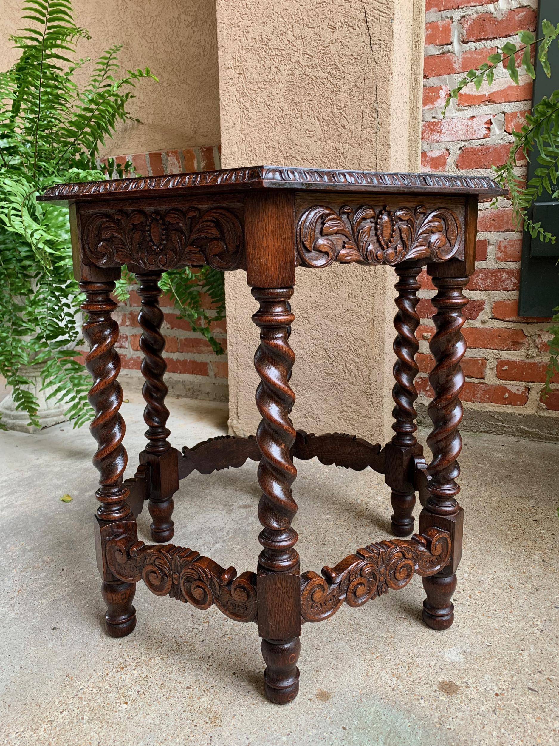 Petite Antique French Carved Oak Octagon Wine Tea Side Table Barley Twist, c1900 2