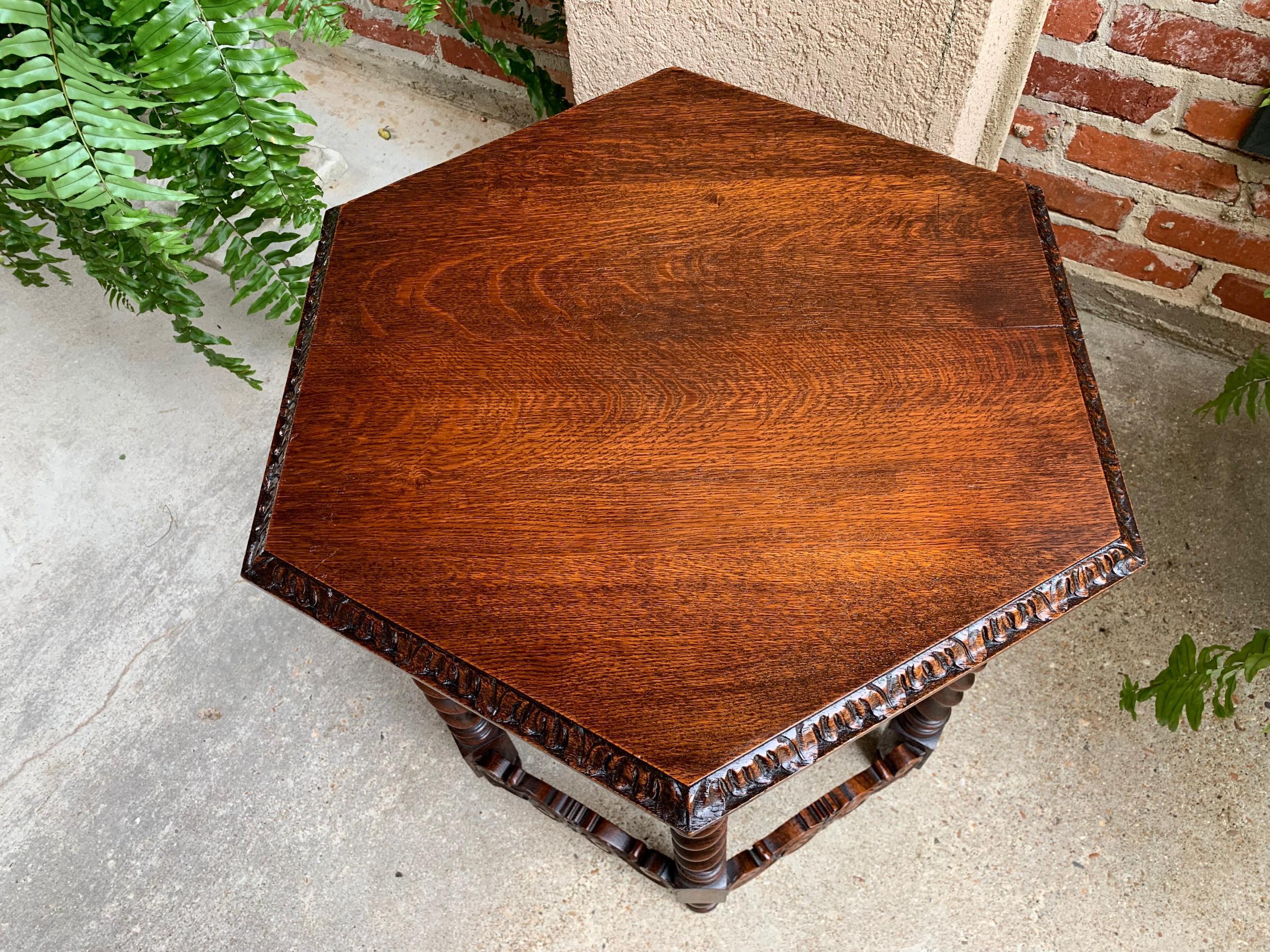 Petite Antique French Carved Oak Octagon Wine Tea Side Table Barley Twist, c1900 3