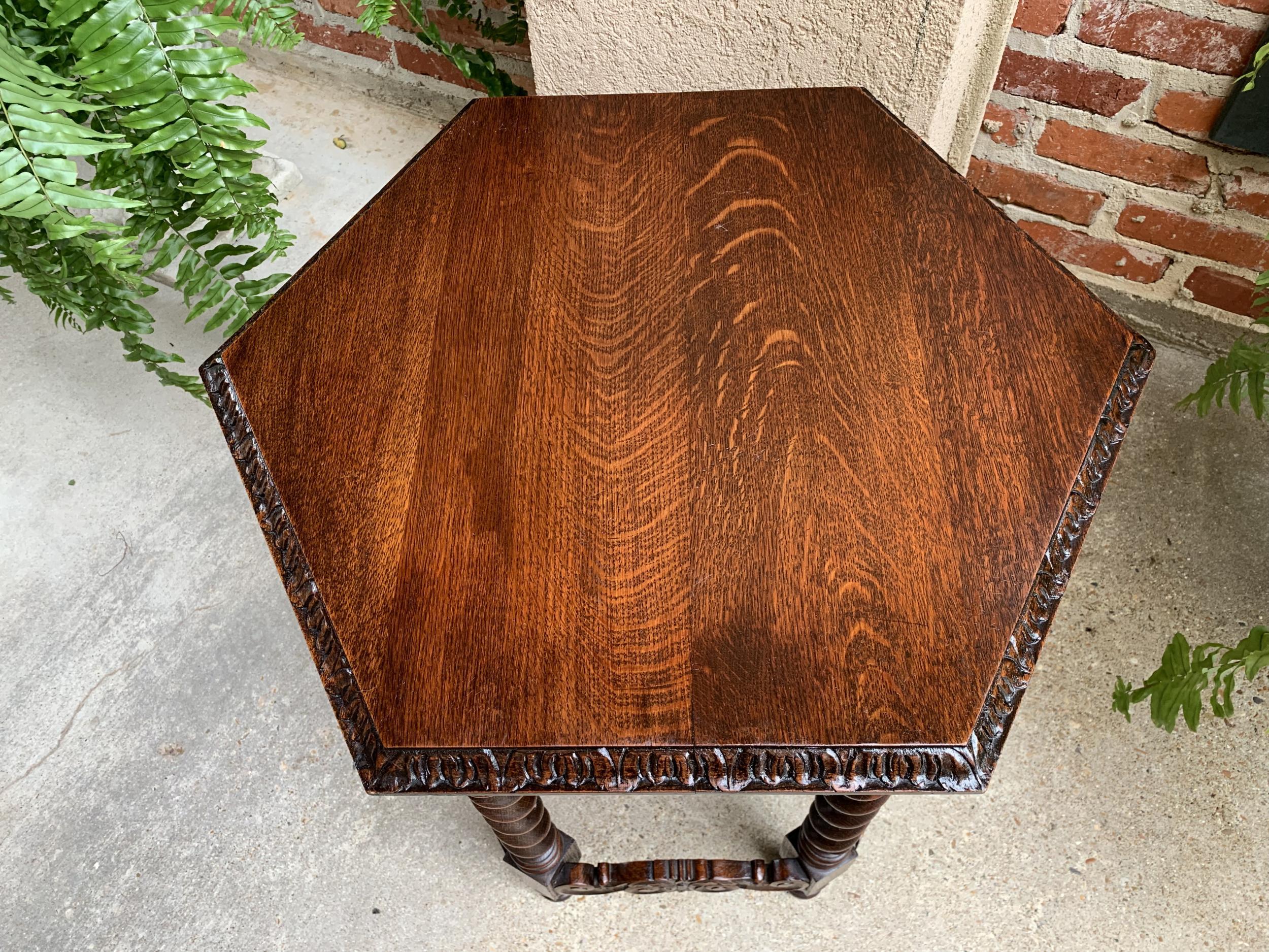 Petite Antique French Carved Oak Octagon Wine Tea Side Table Barley Twist, c1900 4