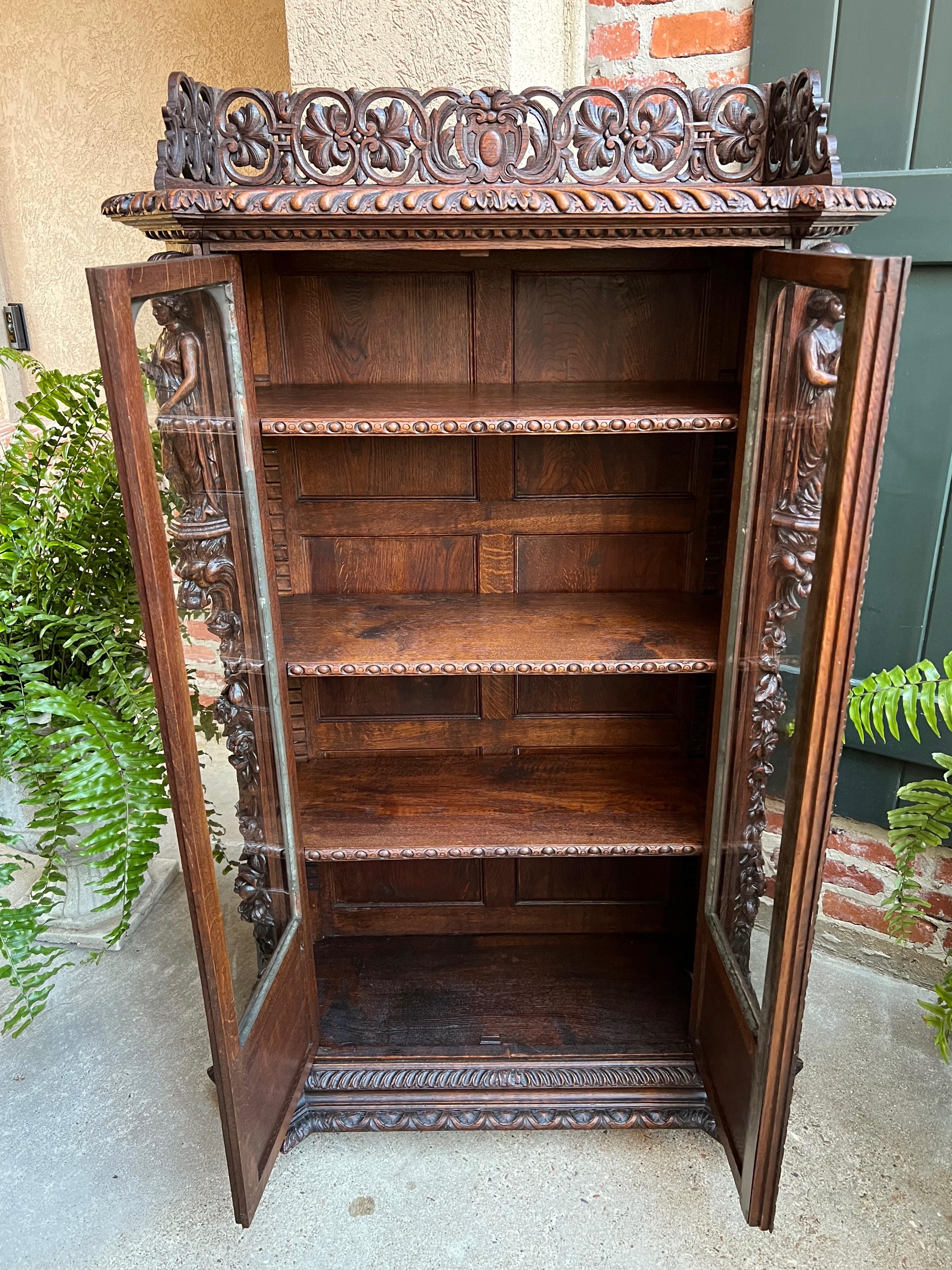 Petite Antique French Carved Oak Renaissance Revival Bookcase Cabinet Music 4