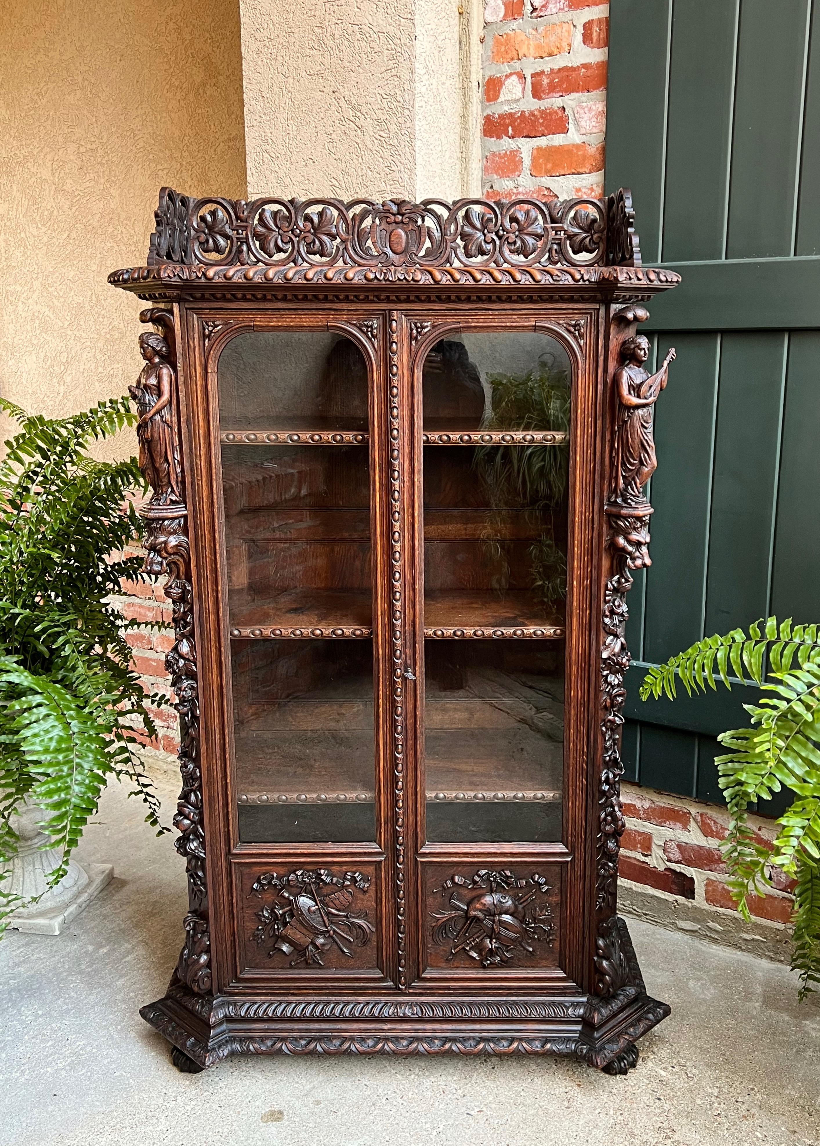 Petite Antique French Carved Oak Renaissance Revival Bookcase Cabinet Music 6