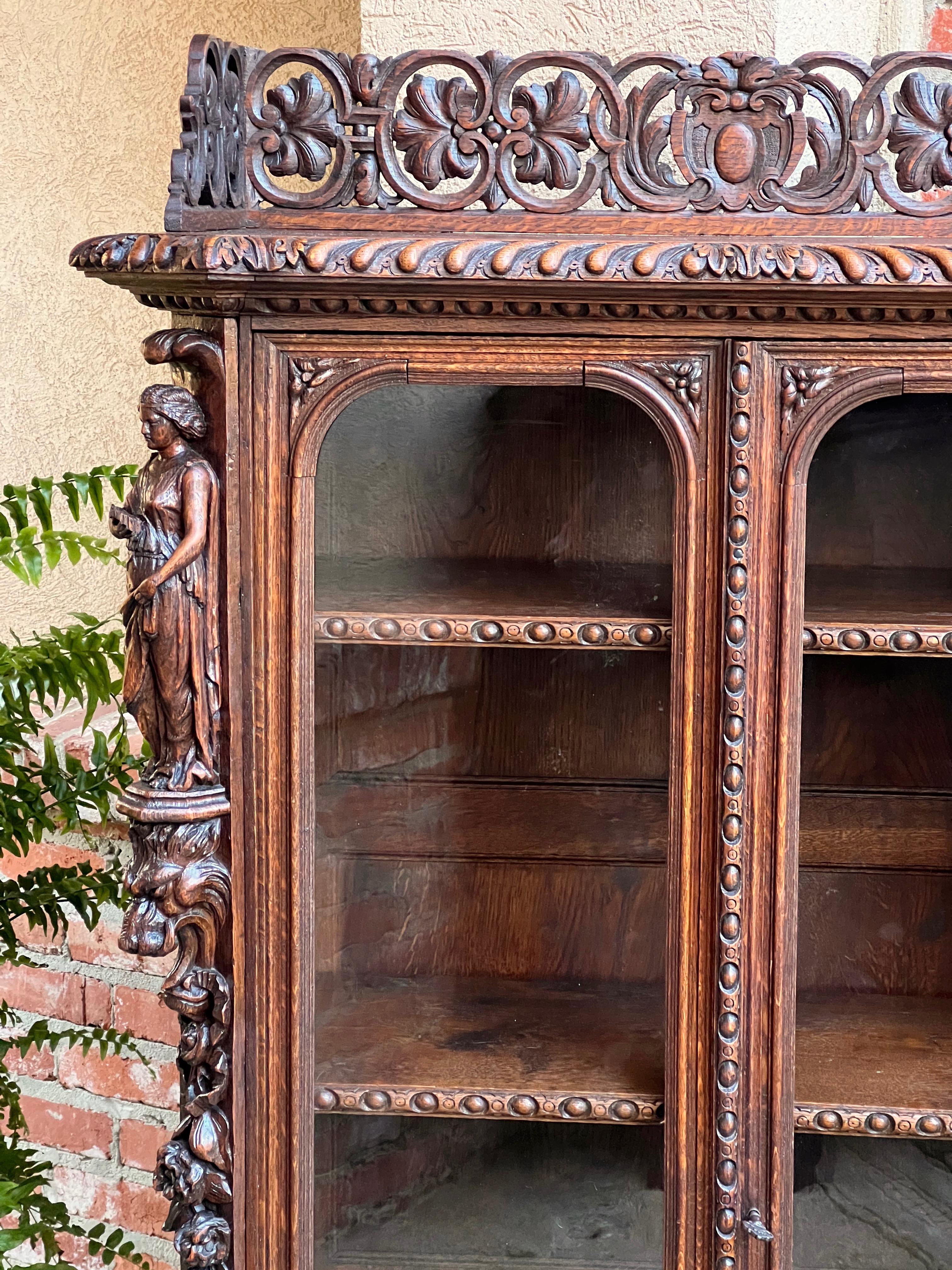 Petite Antique French Carved Oak Renaissance Revival Bookcase Cabinet Music 7