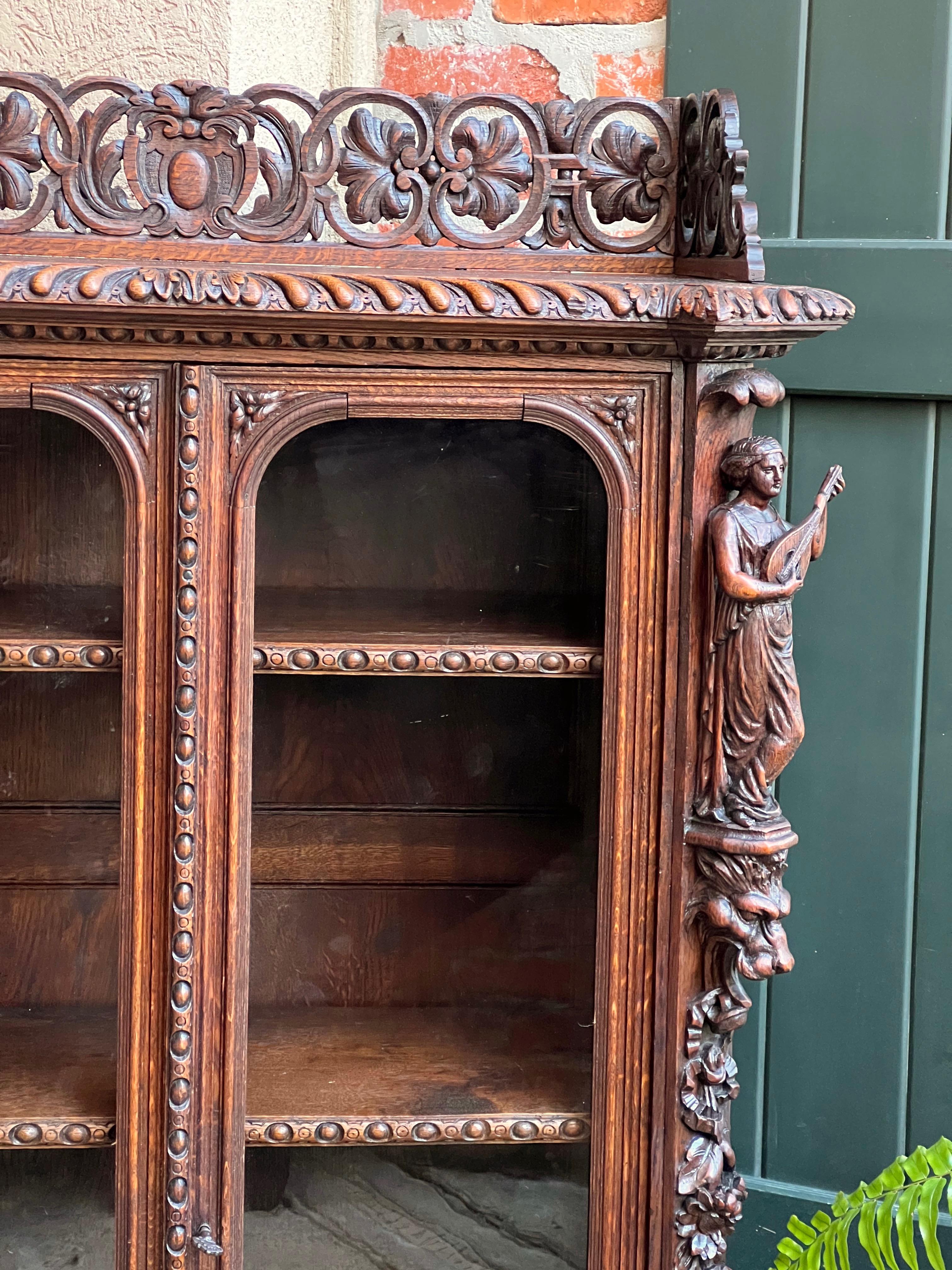 Petite Antique French Carved Oak Renaissance Revival Bookcase Cabinet Music 8