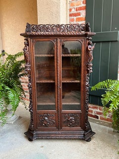 Petite Antique French Carved Oak Renaissance Revival Bookcase Cabinet Music