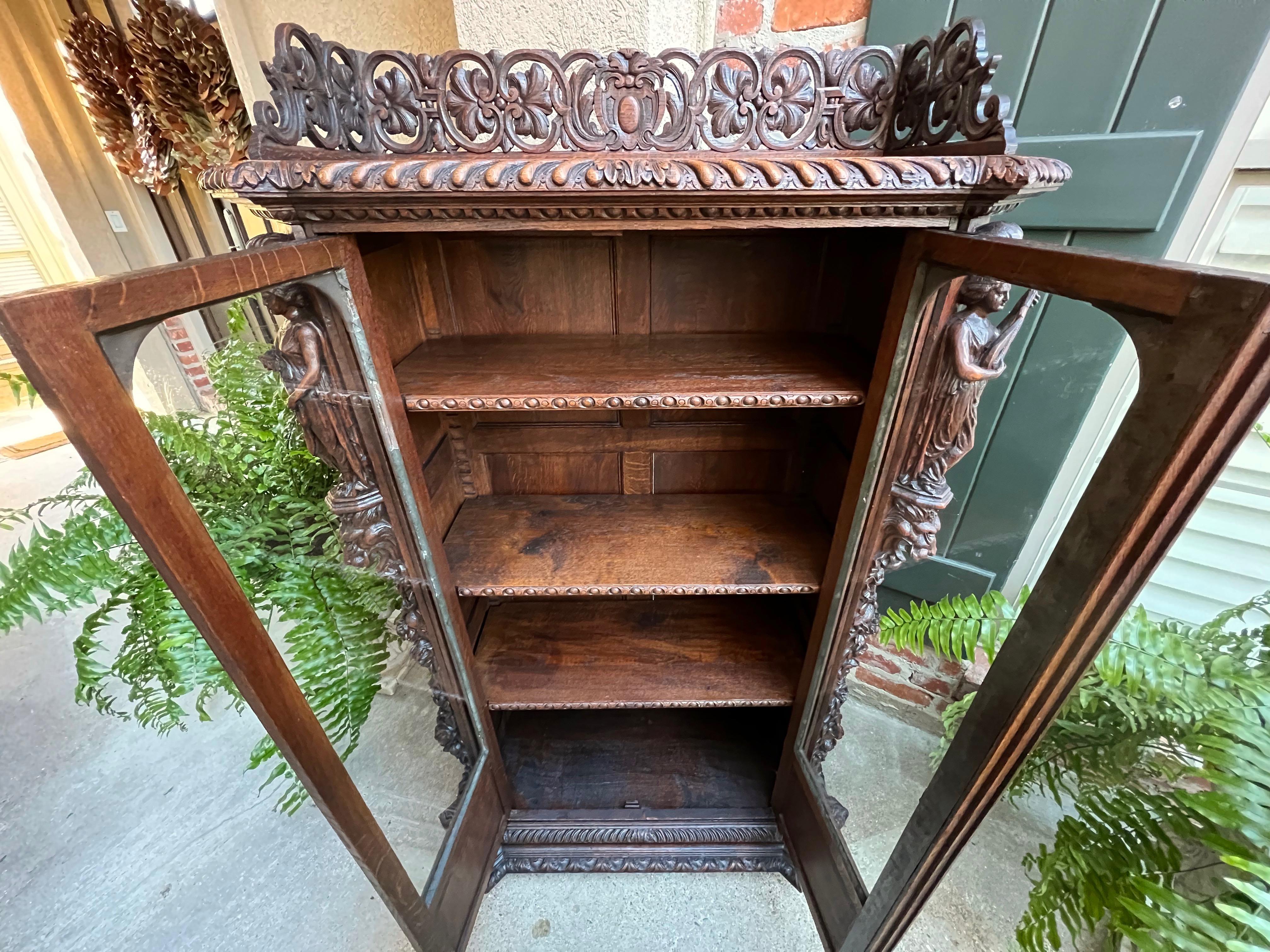 Petite Antique French Carved Oak Renaissance Revival Bookcase Cabinet Music 13