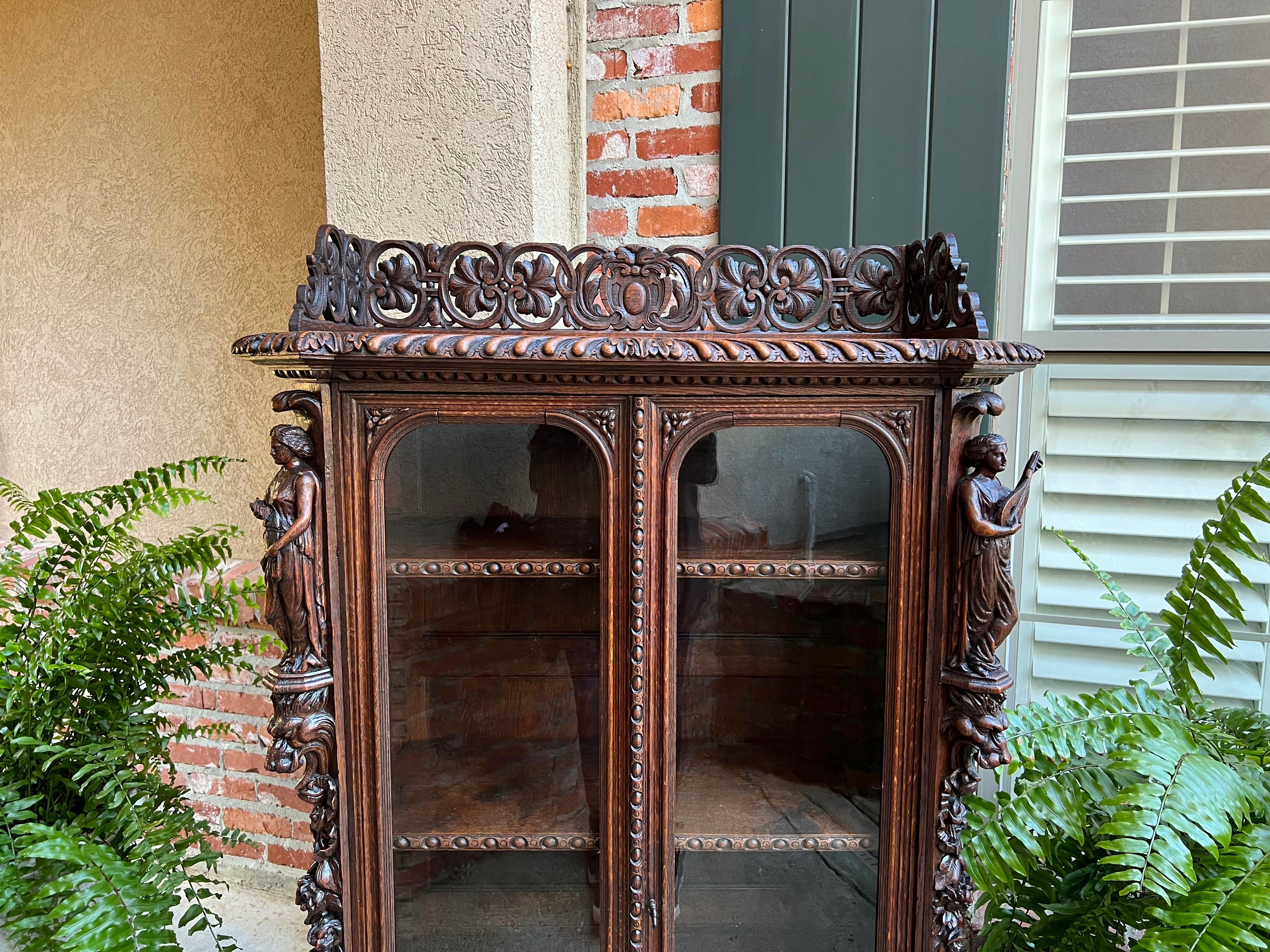 Hand-Carved Petite Antique French Carved Oak Renaissance Revival Bookcase Cabinet Music