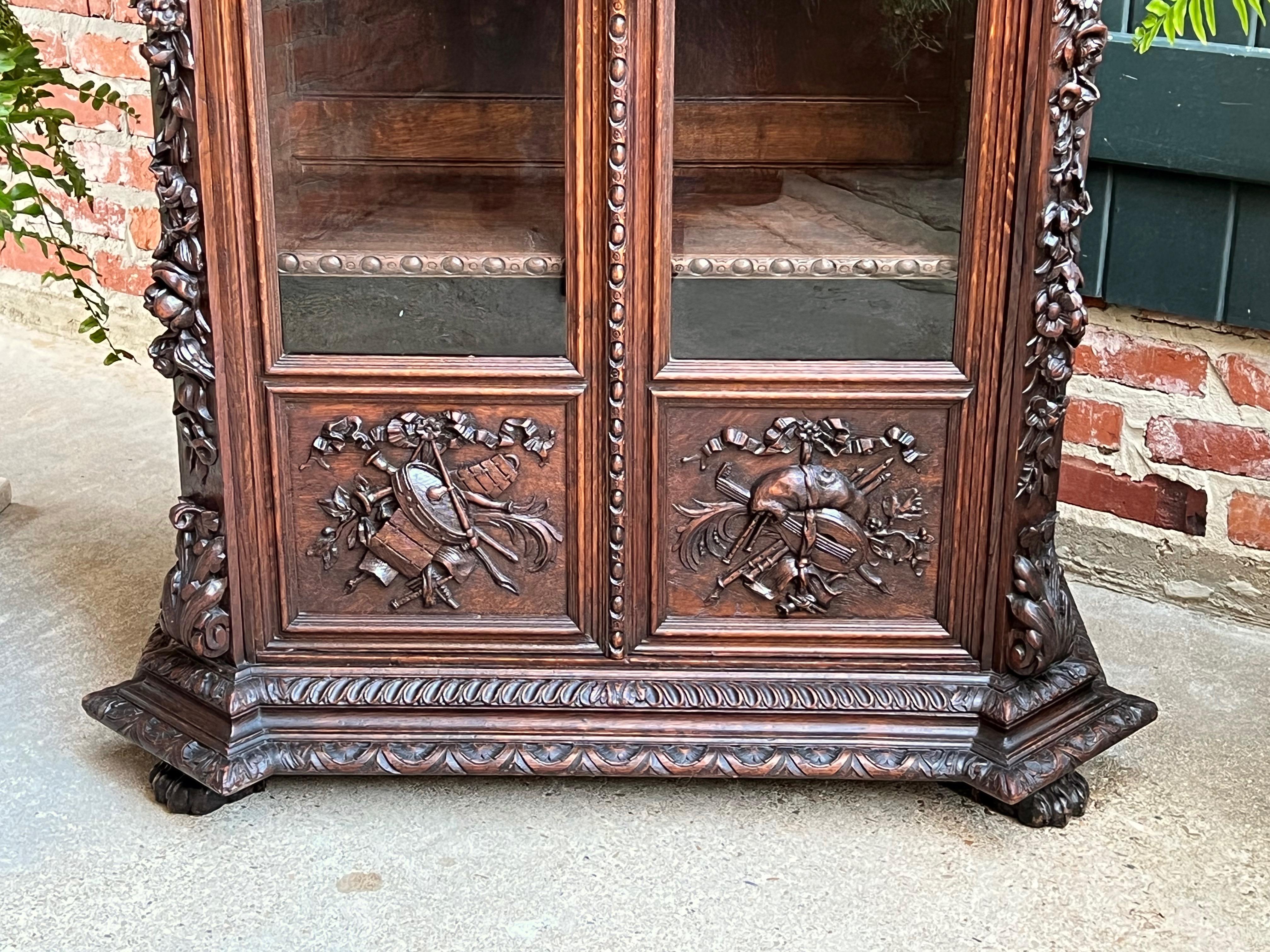 Glass Petite Antique French Carved Oak Renaissance Revival Bookcase Cabinet Music
