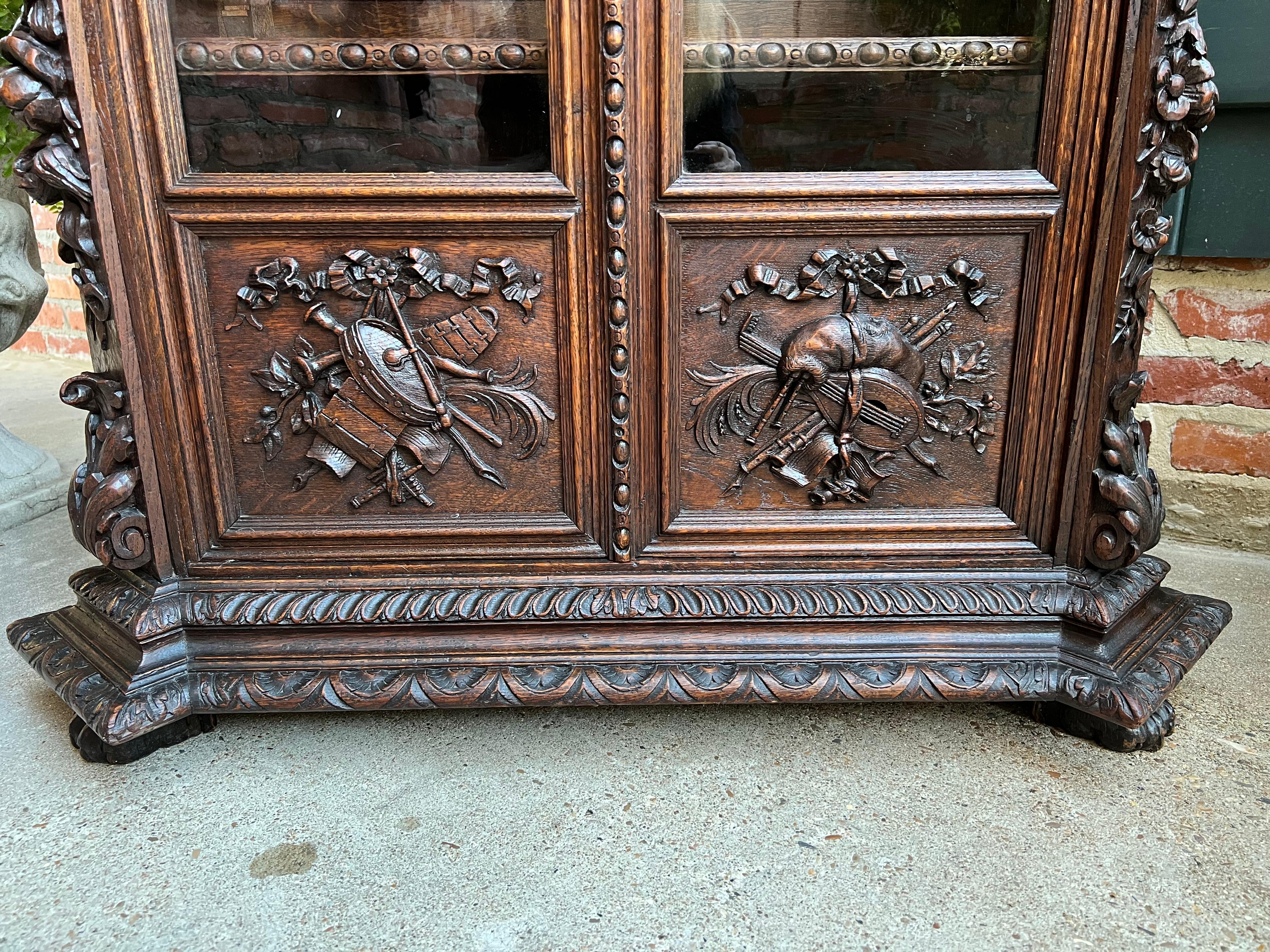 Petite Antique French Carved Oak Renaissance Revival Bookcase Cabinet Music 1
