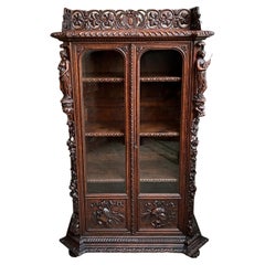 Petite Antique French Carved Oak Renaissance Revival Bookcase Cabinet Music