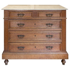 Petite Antique French Carved Wood Chest of Drawers with White Marble Top