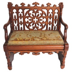 Petite Antique French Gothic Revival Wood Hall Bench Child Settle Library Steps