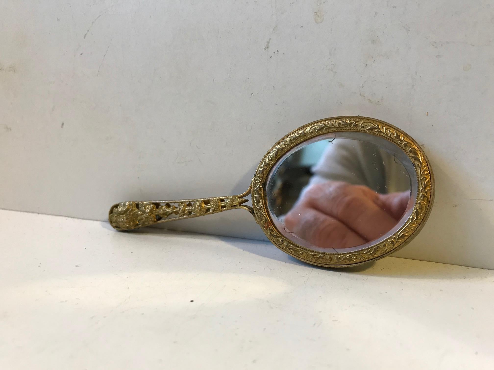 Victorian Petite Antique French Hand Mirror with Miniature Portrait, 19th Century