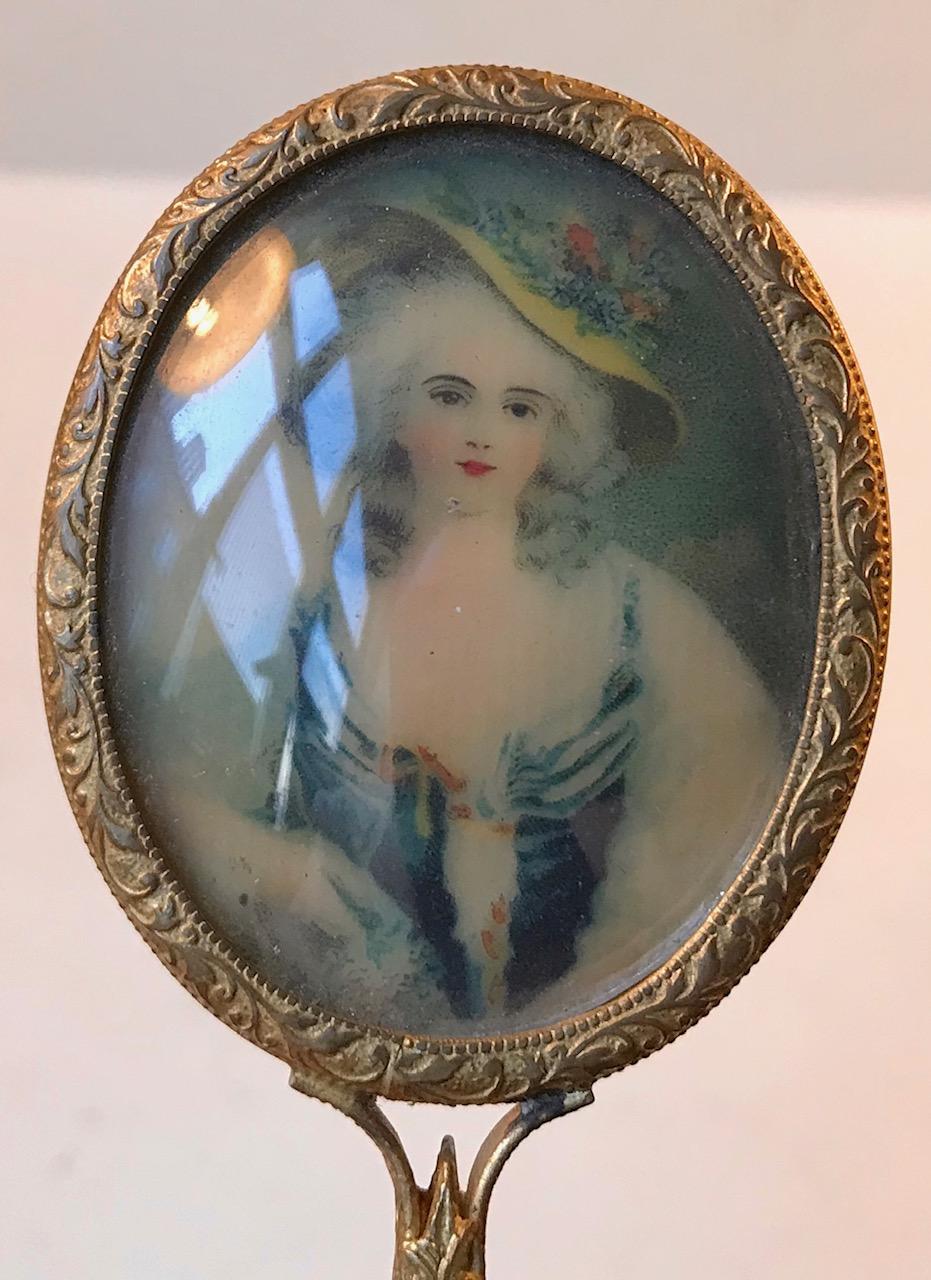 Petite Antique French Hand Mirror with Miniature Portrait, 19th Century In Good Condition In Esbjerg, DK
