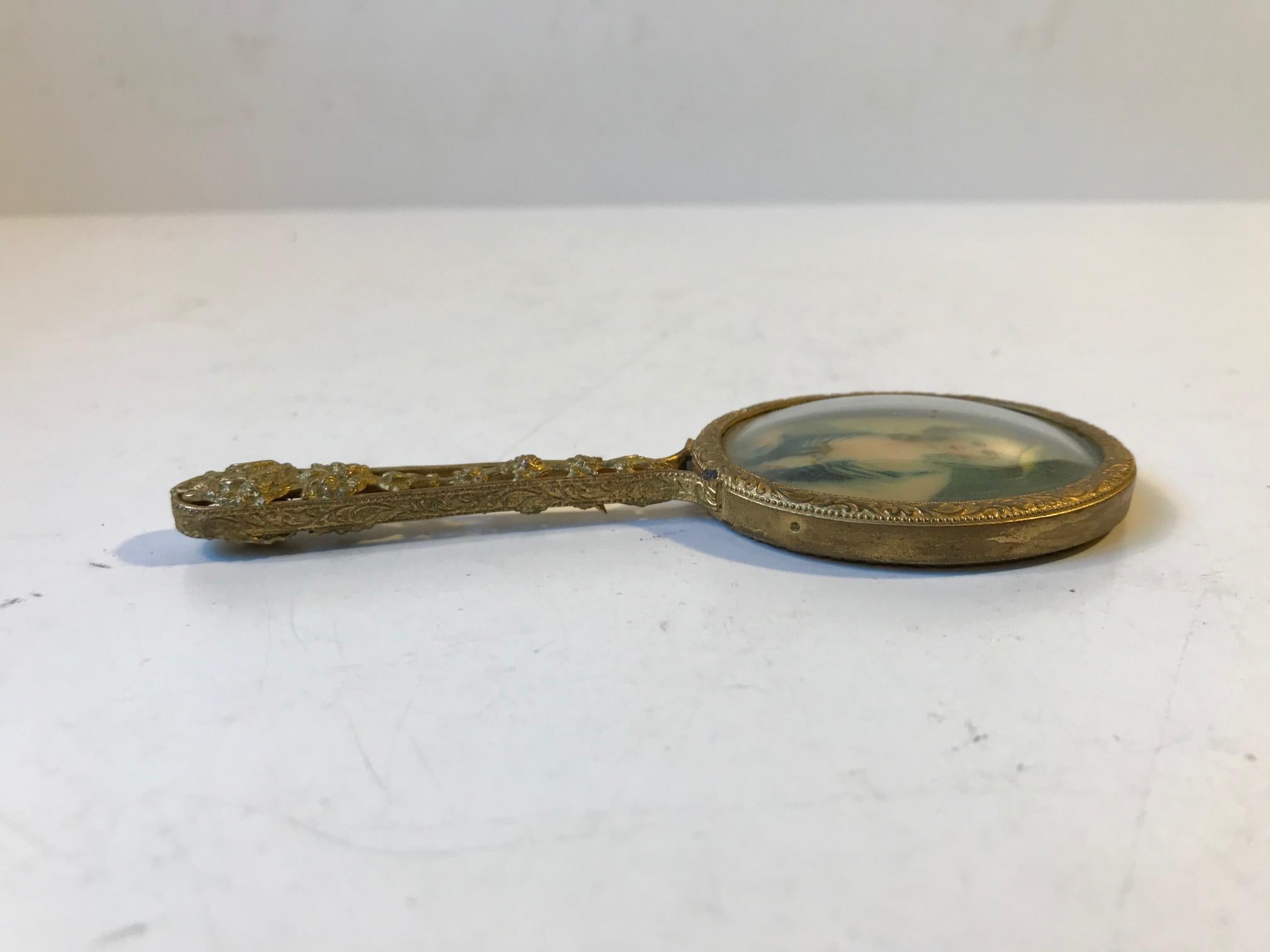 Brass Petite Antique French Hand Mirror with Miniature Portrait, 19th Century