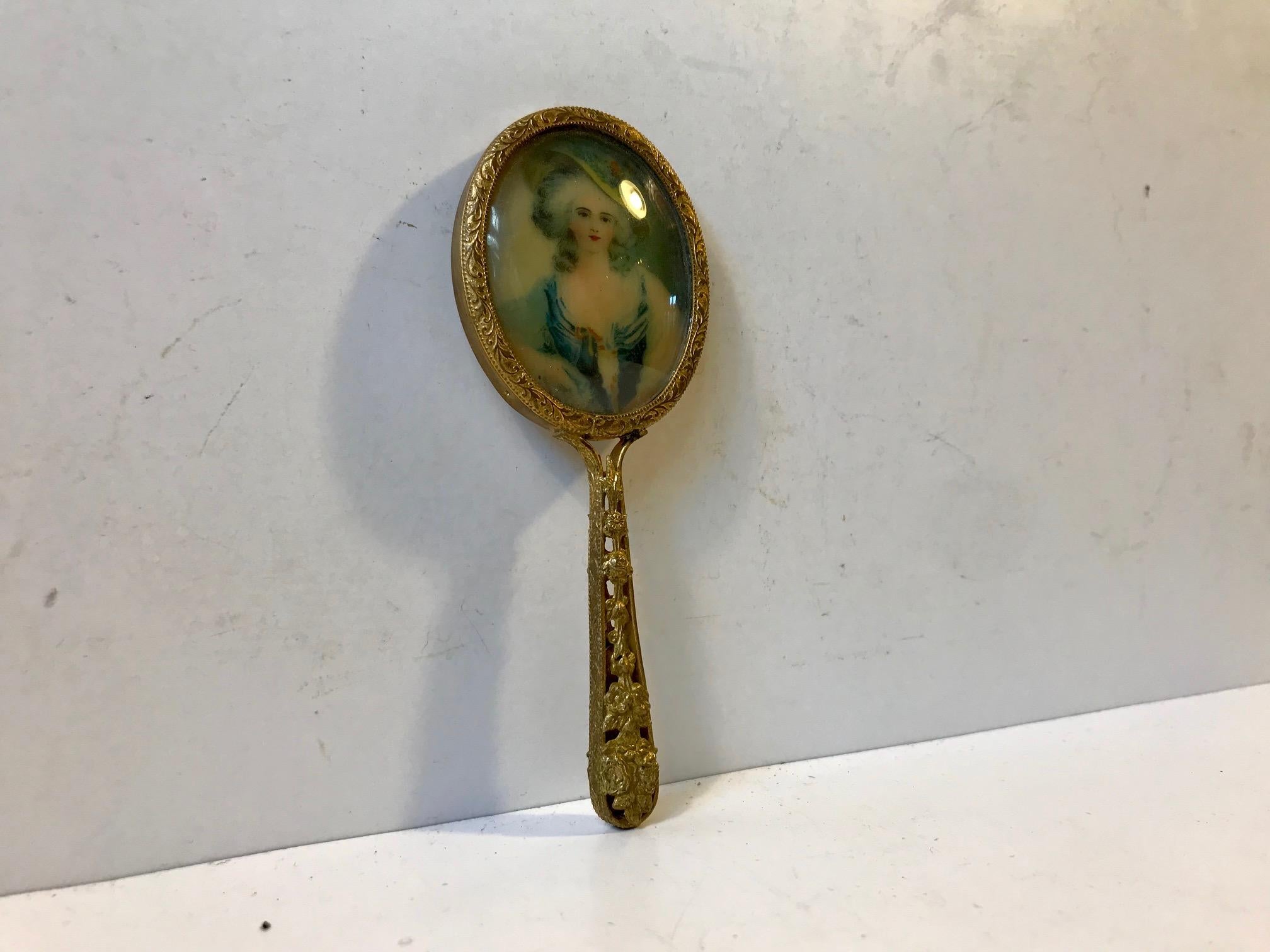 Petite Antique French Hand Mirror with Miniature Portrait, 19th Century 1