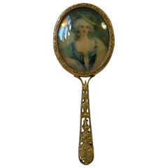 Petite Antique French Hand Mirror with Miniature Portrait, 19th Century