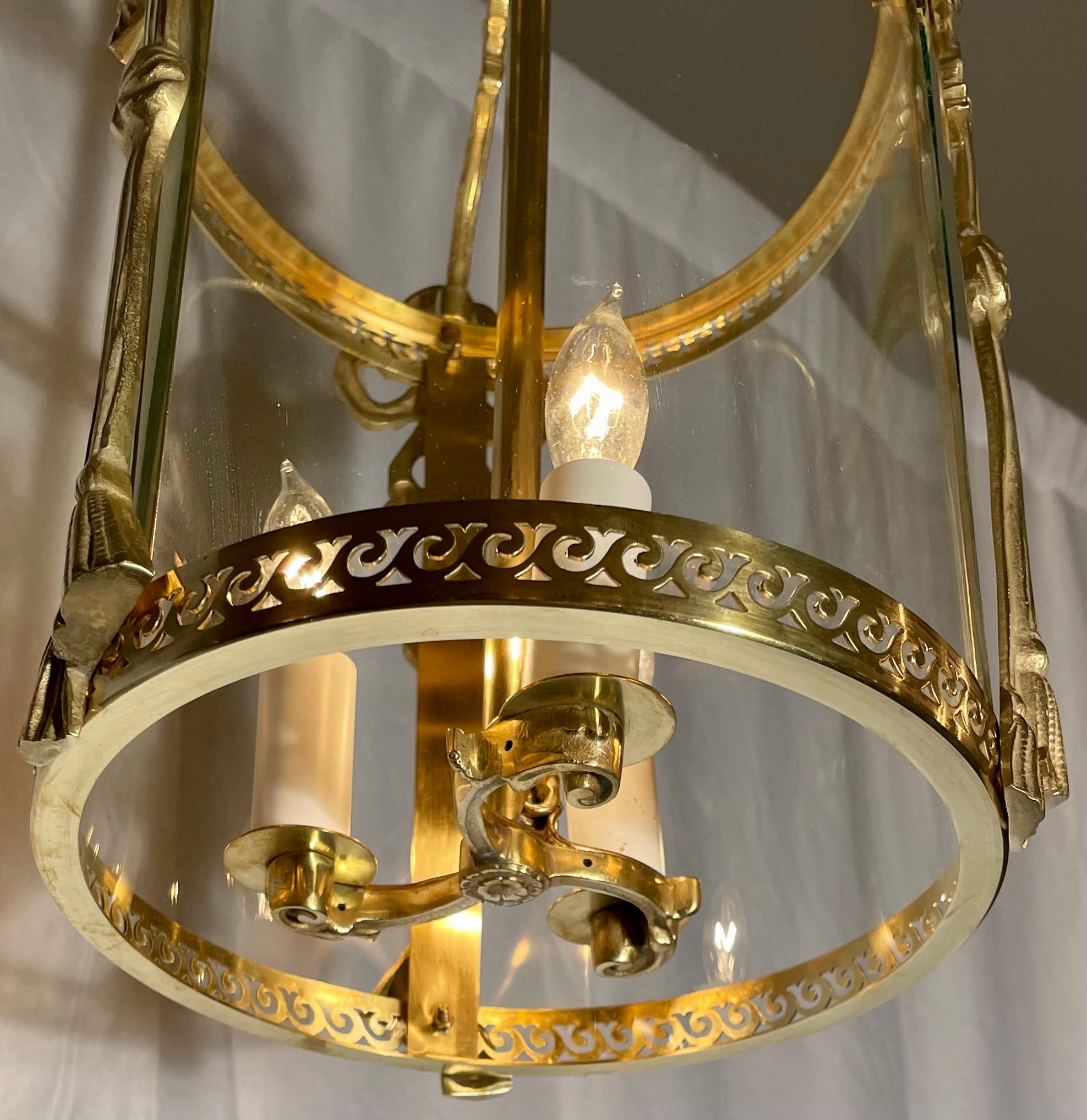 20th Century Petite Antique French Louis XVI Gold Bronze Hall Lantern, Circa 1900. For Sale