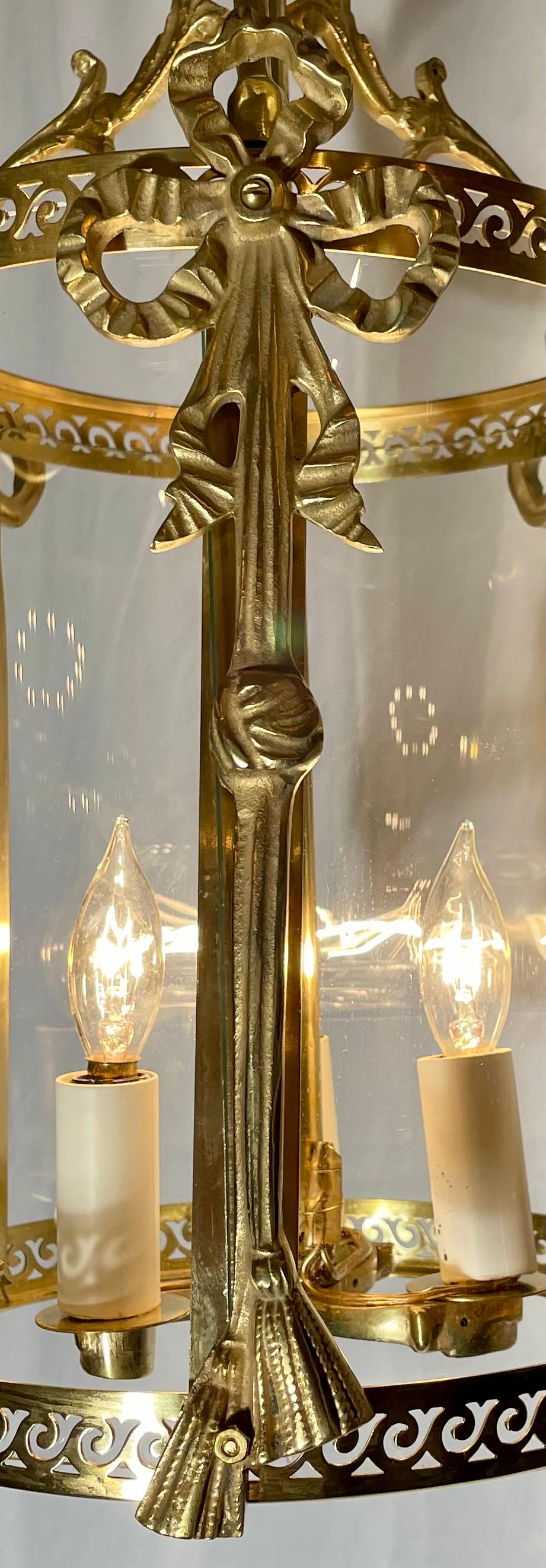 Glass Petite Antique French Louis XVI Gold Bronze Hall Lantern, Circa 1900. For Sale