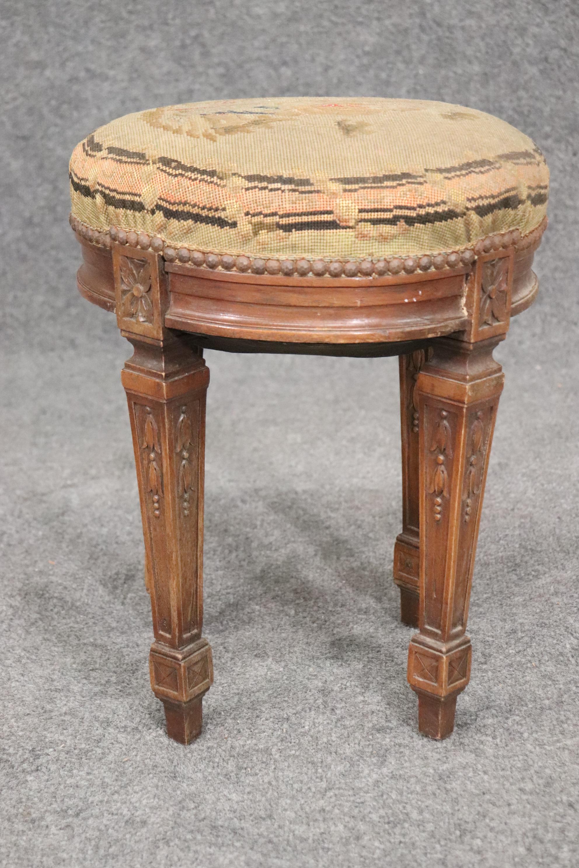 Early 20th Century Petite Antique French Louis XVI Walnut Tapestry Needlepoint Upholstered Stool