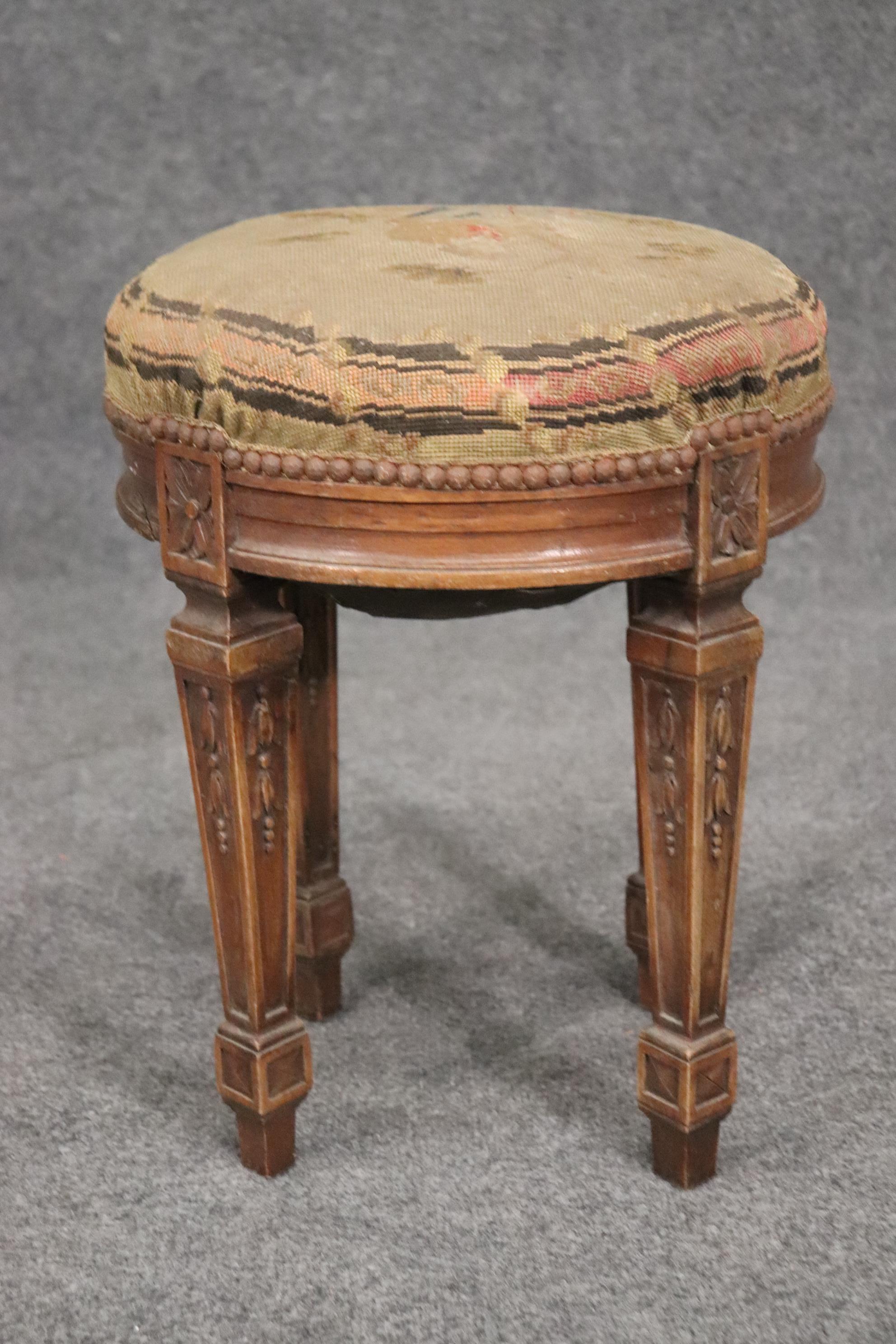 Petite Antique French Louis XVI Walnut Tapestry Needlepoint Upholstered Stool 1