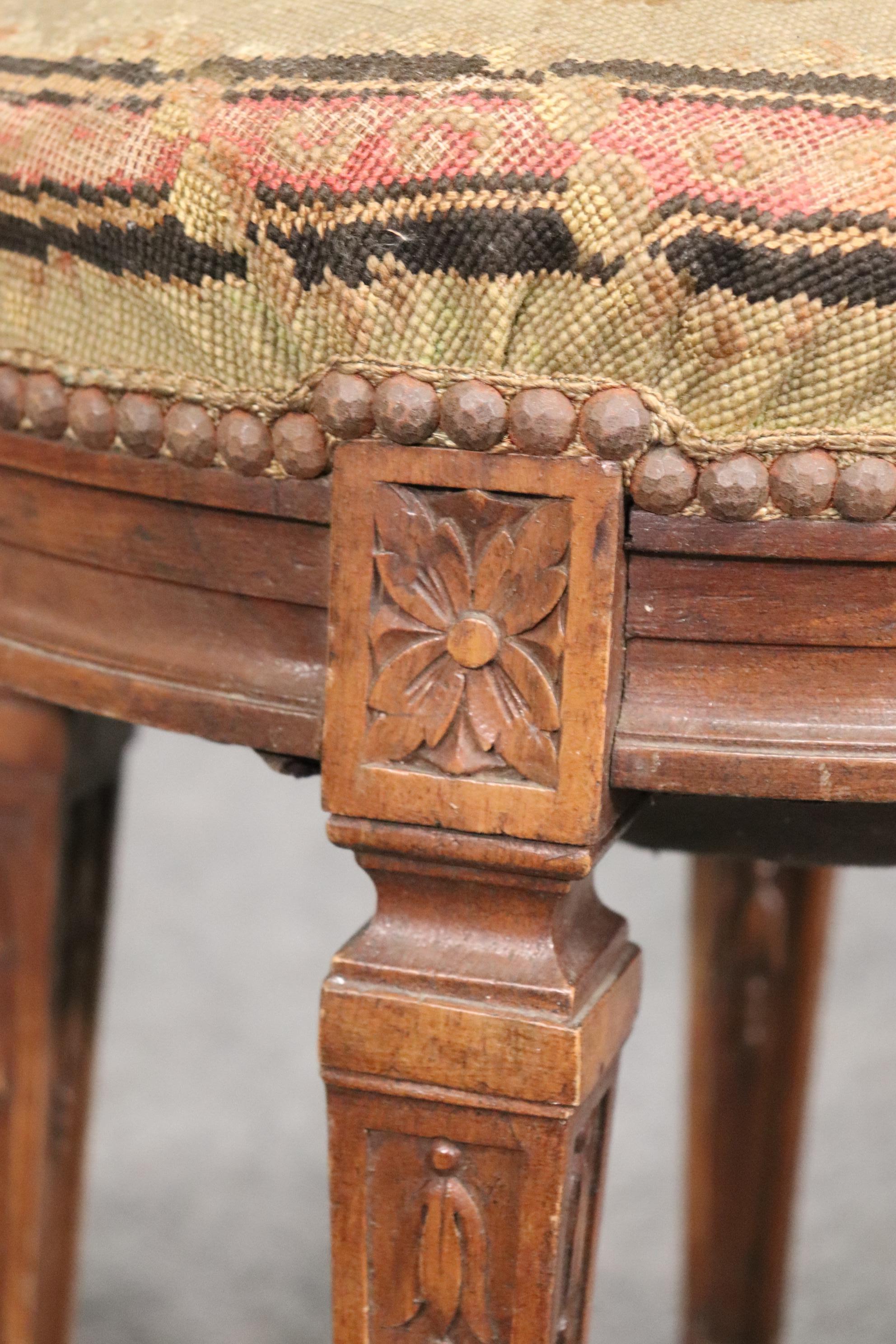Petite Antique French Louis XVI Walnut Tapestry Needlepoint Upholstered Stool 5