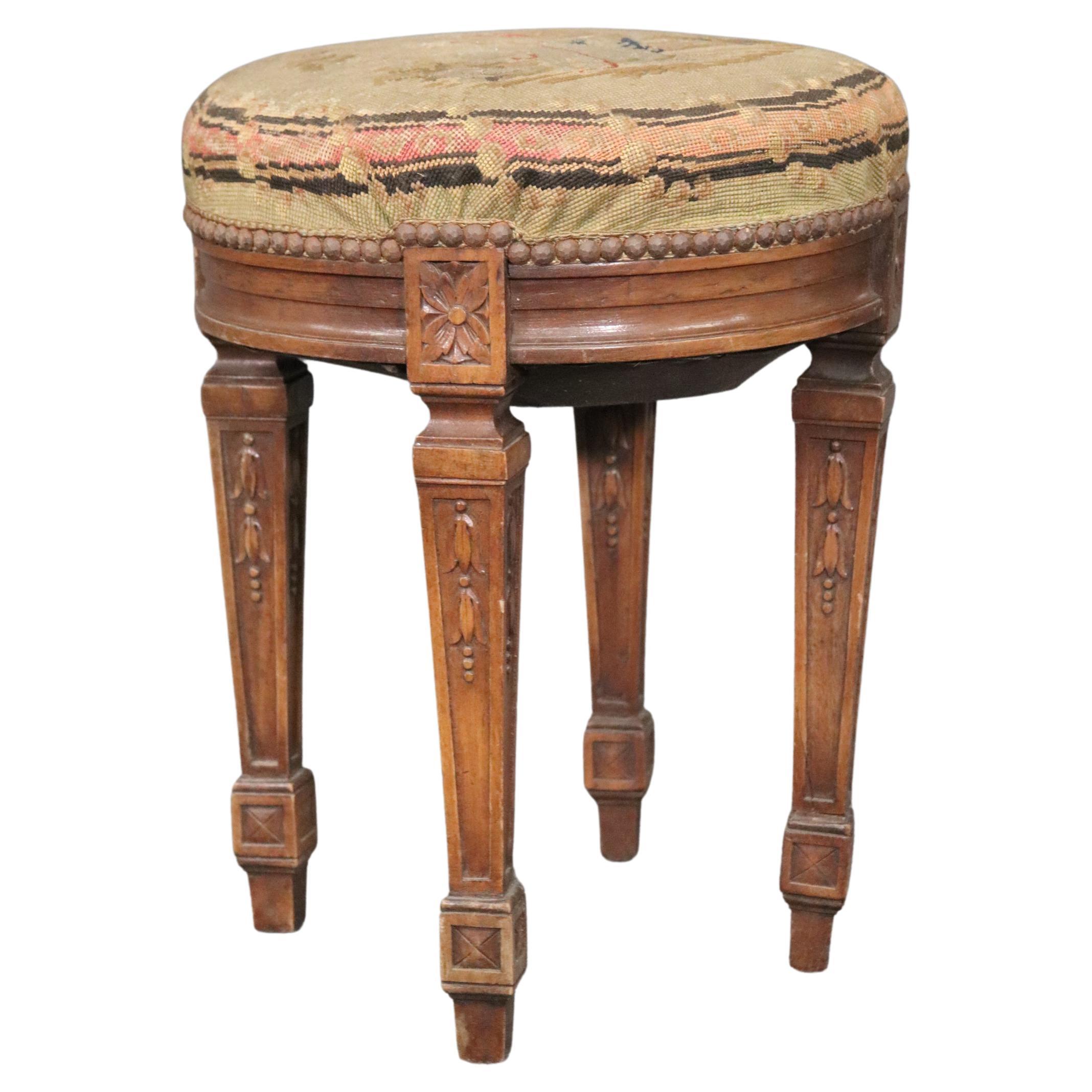 Petite Antique French Louis XVI Walnut Tapestry Needlepoint Upholstered Stool