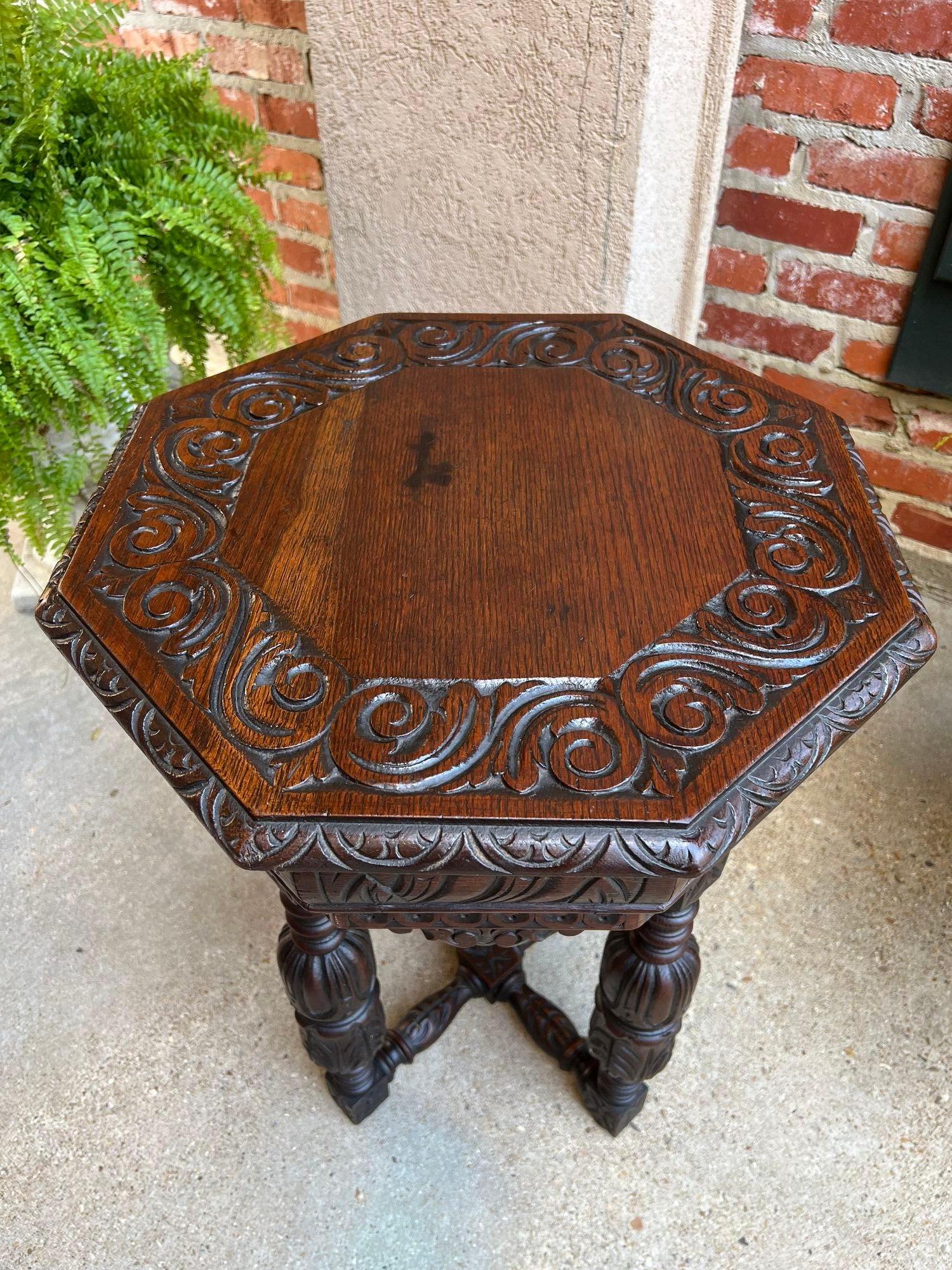 PETITE Antique French Octagon Center Side TABLE Side End Renaissance Carved Oak For Sale 5