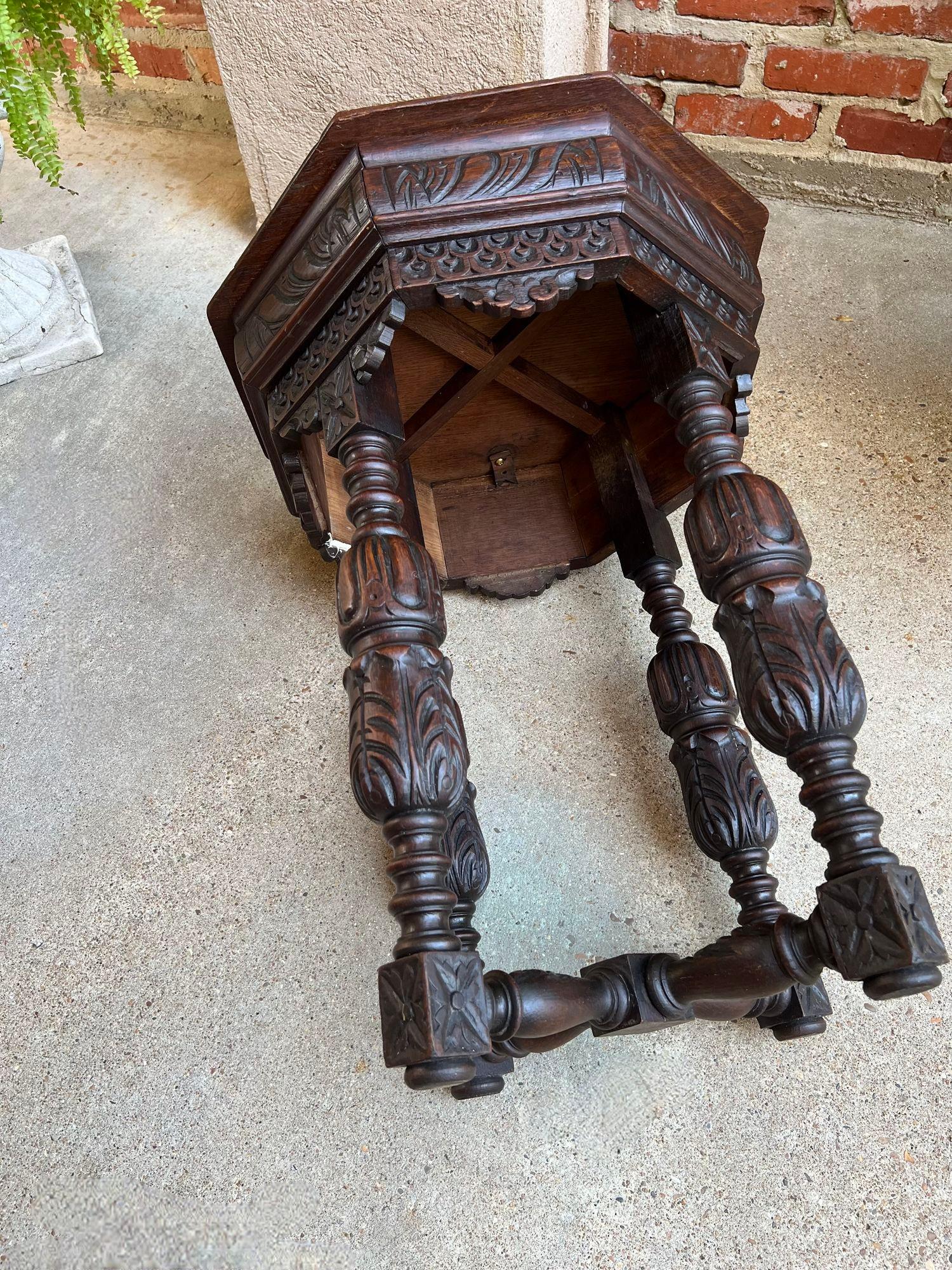 PETITE Antique French Octagon Center Side TABLE Side End Renaissance Carved Oak For Sale 7