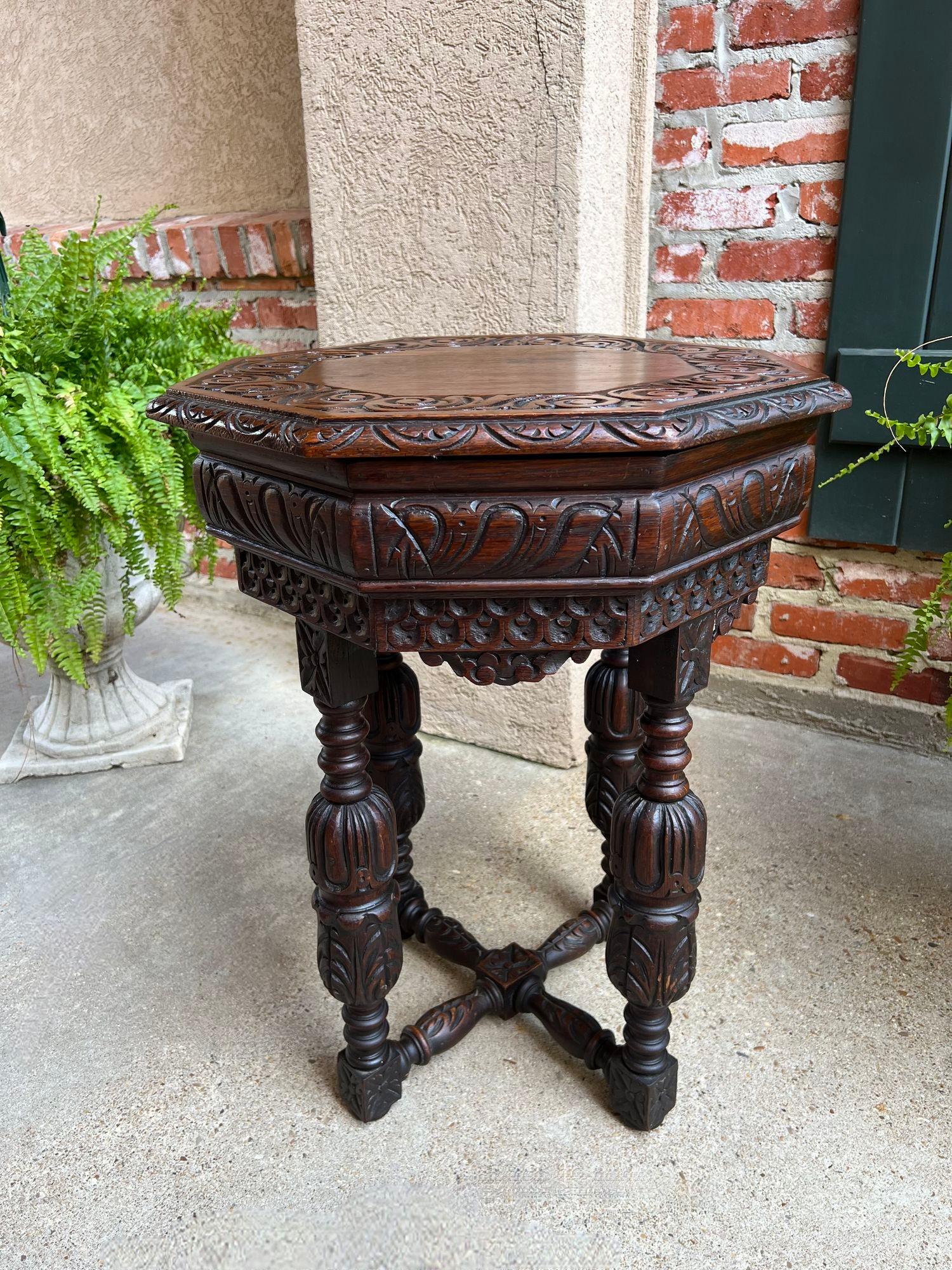 PETITE Antique French Octagon Center Side TABLE Side End Renaissance Carved Oak For Sale 8