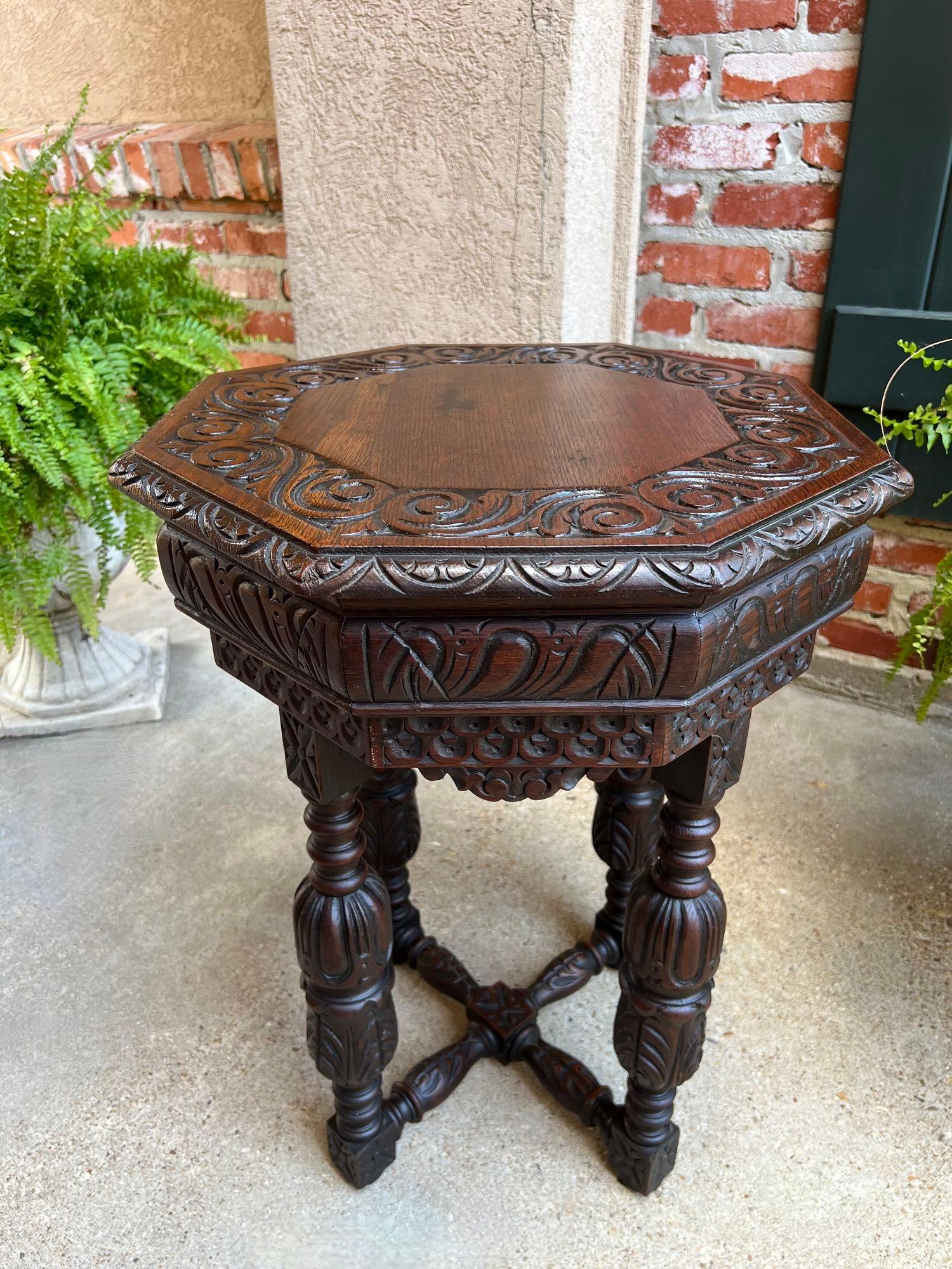 PETITE Antique French Octagon Center Side TABLE Side End Renaissance Carved Oak For Sale 9