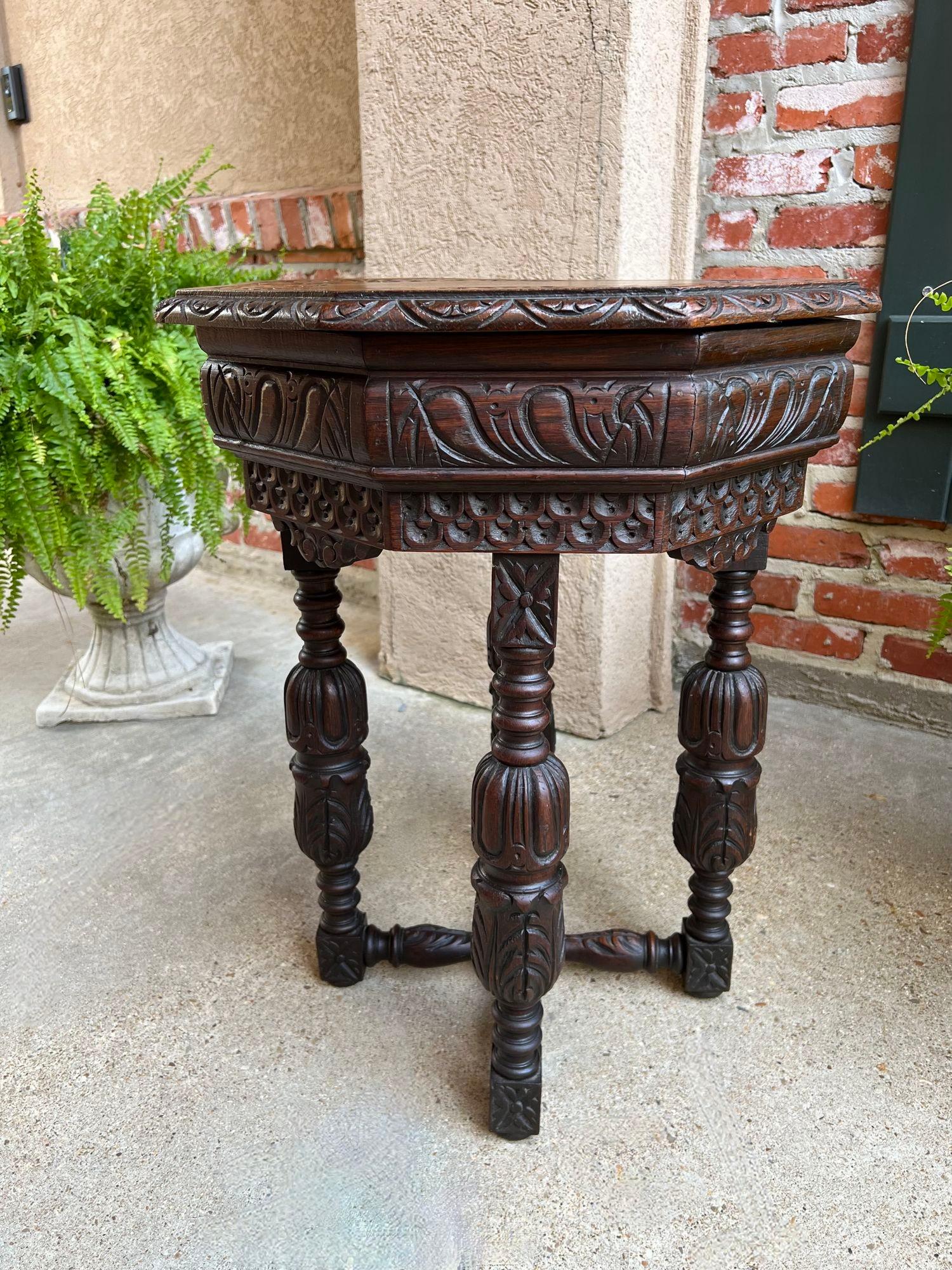 PETITE Antique French Octagon Center Side TABLE Side End Renaissance Carved Oak For Sale 11