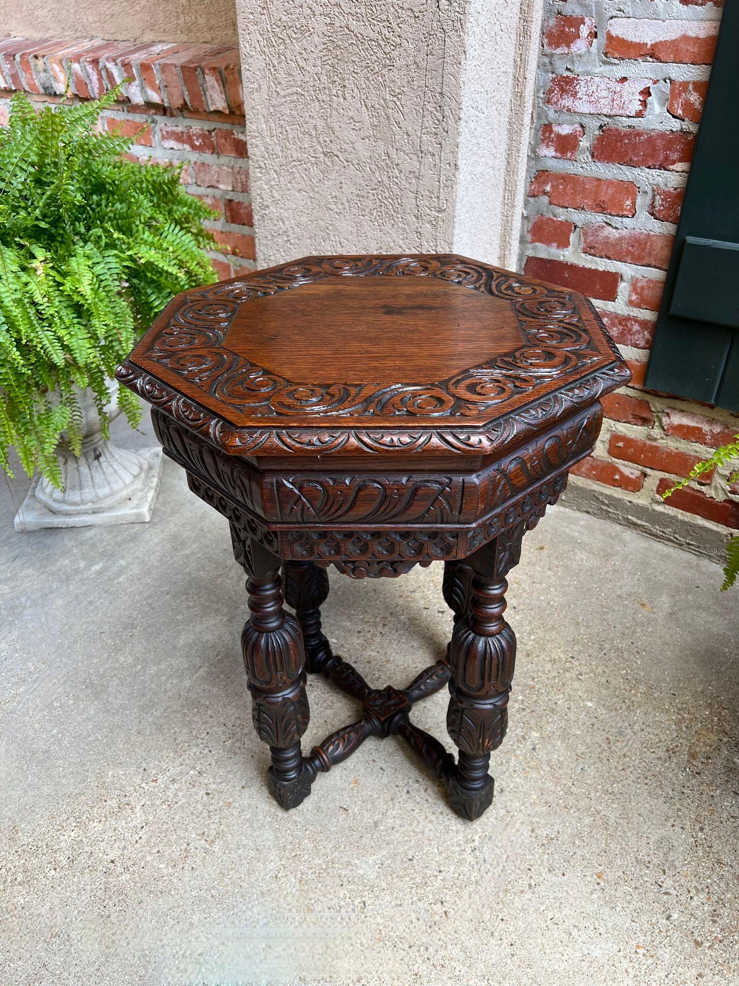 PETITE Antique French Octagon Center Side TABLE Side End Renaissance Carved Oak For Sale 12
