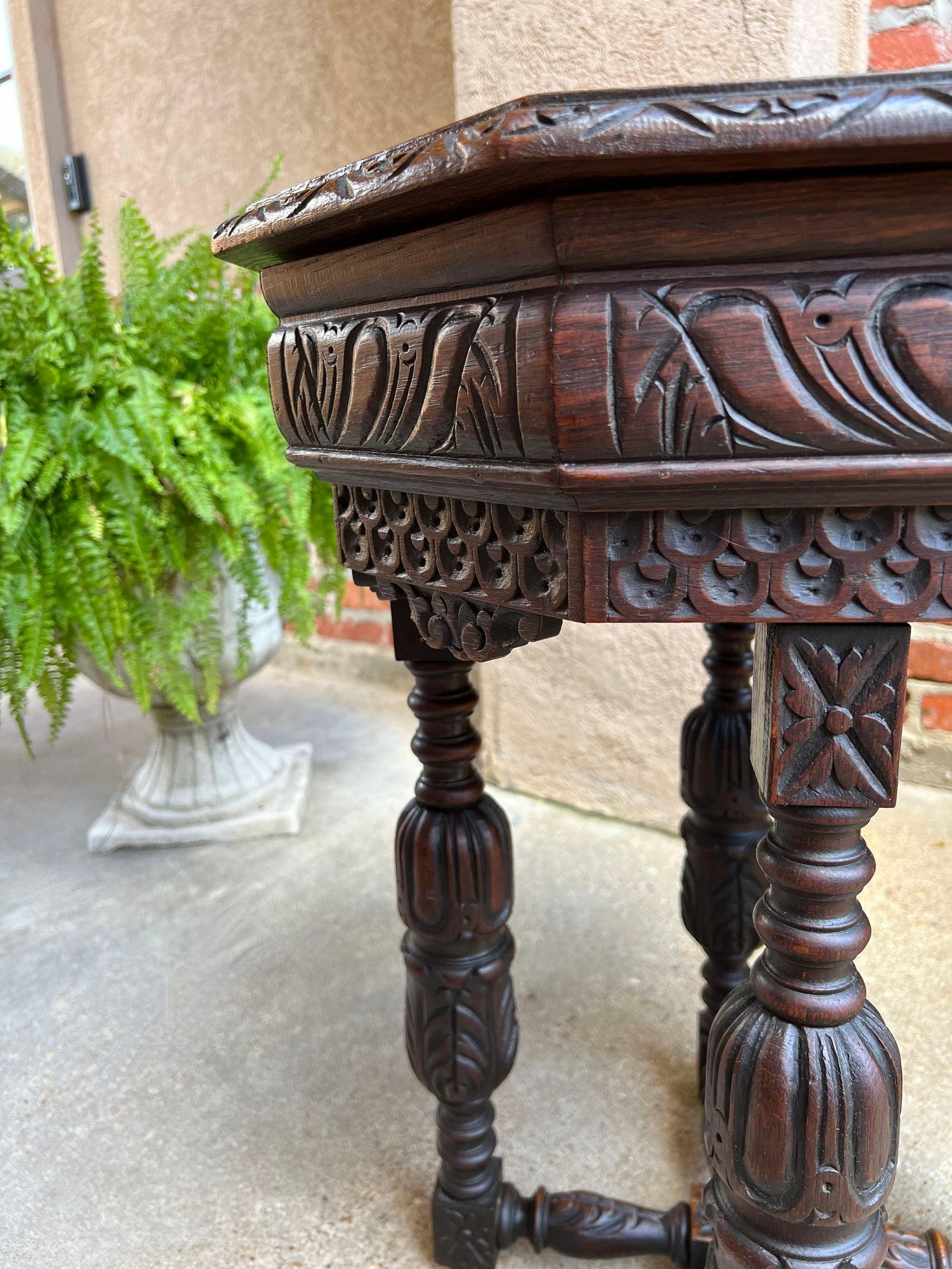 PETITE Antique French Octagon Center Side TABLE Side End Renaissance Carved Oak For Sale 13