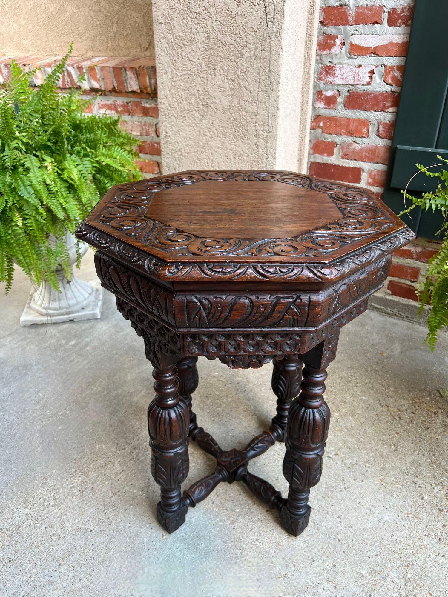 PETITE Antique French Octagon Center Side TABLE Side End Renaissance Carved Oak For Sale 14