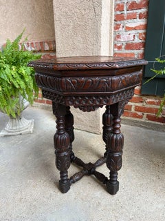 PETITE Antique French Octagon Center Side TABLE Side End Renaissance Carved Oak