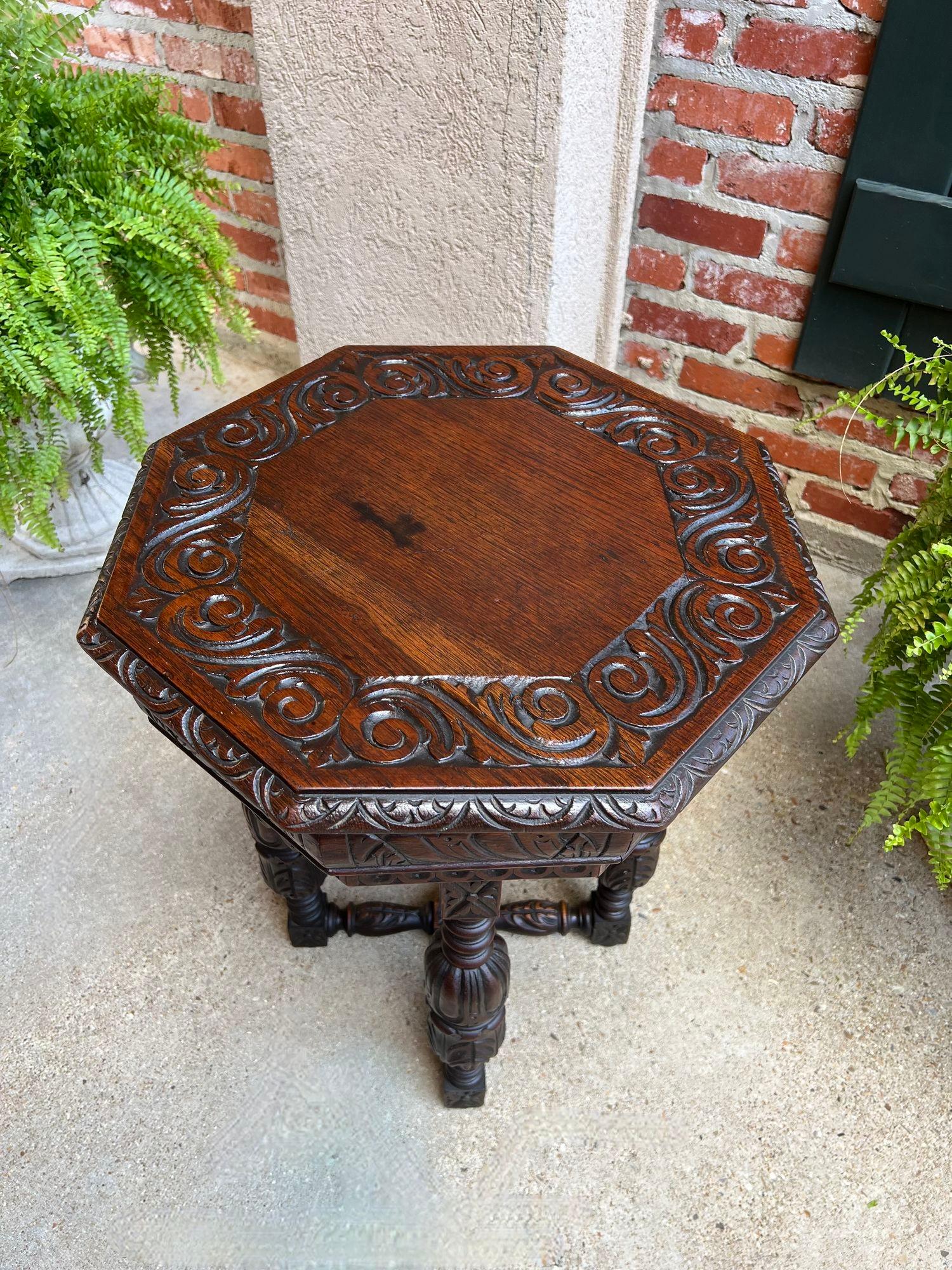 PETITE Antique French Octagon Center Side TABLE Side End Renaissance Carved Oak For Sale 15