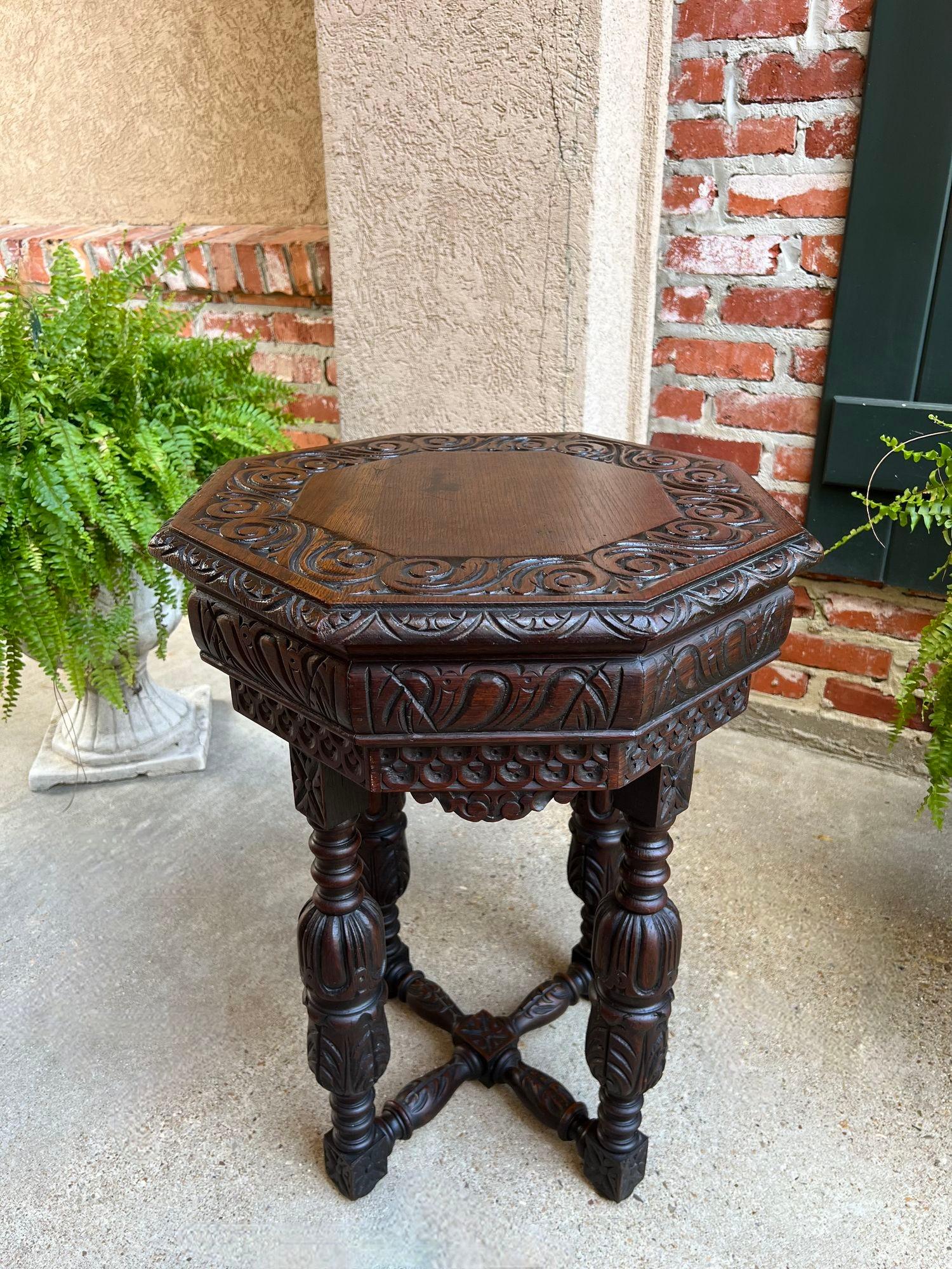 19th Century PETITE Antique French Octagon Center Side TABLE Side End Renaissance Carved Oak For Sale