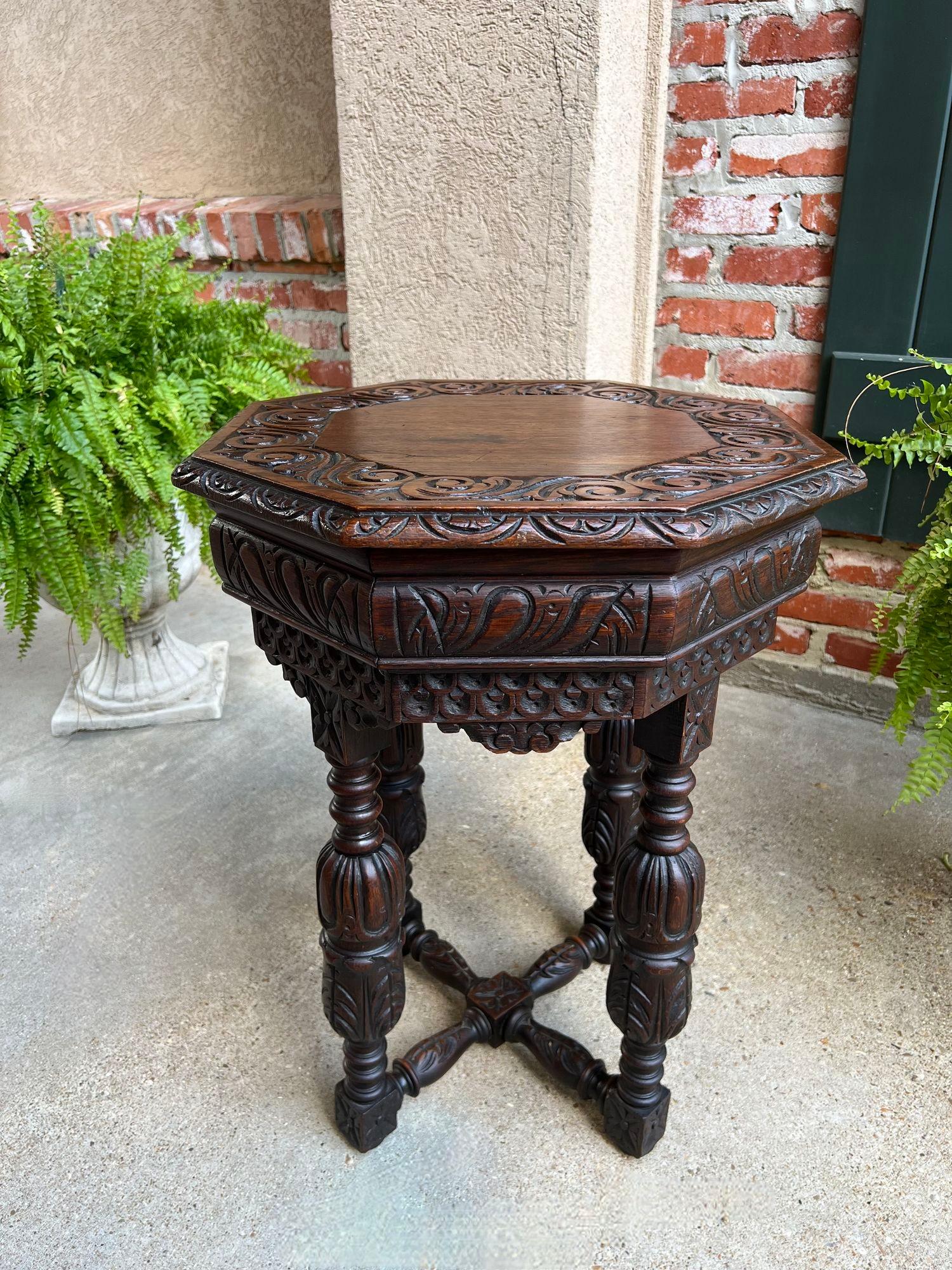 PETITE Antique French Octagon Center Side TABLE Side End Renaissance Carved Oak For Sale 1