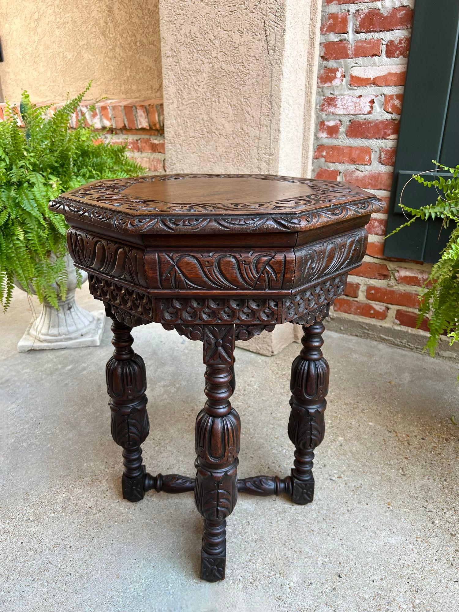 PETITE Antique French Octagon Center Side TABLE Side End Renaissance Carved Oak For Sale 2