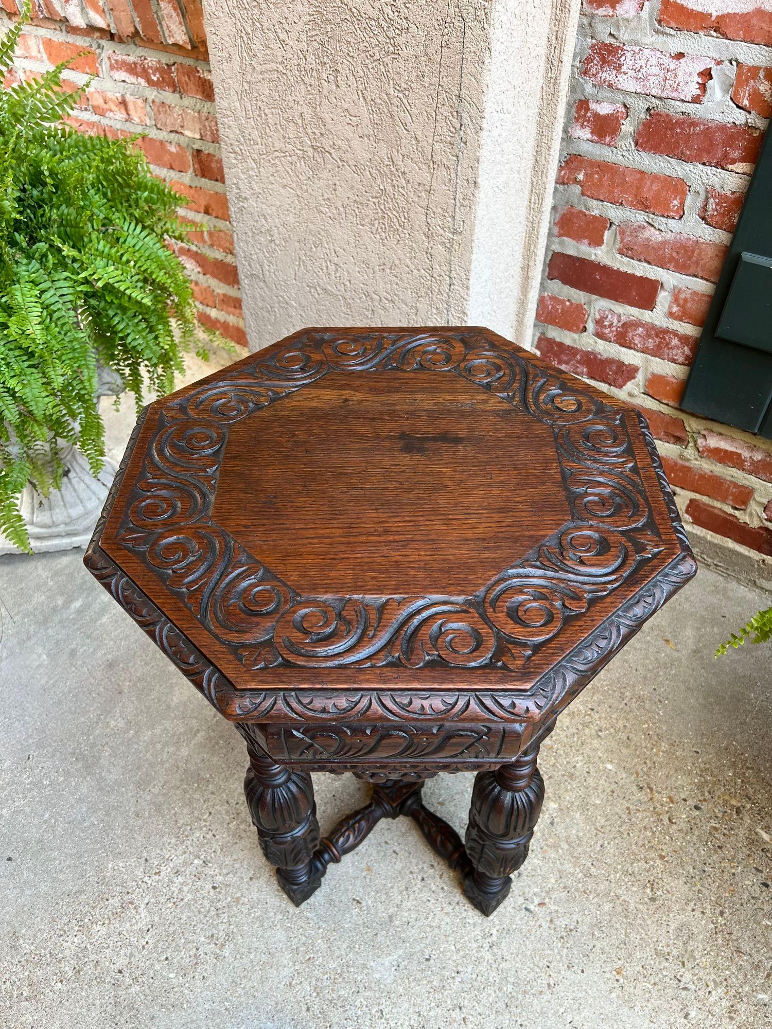 PETITE Antique French Octagon Center Side TABLE Side End Renaissance Carved Oak For Sale 4