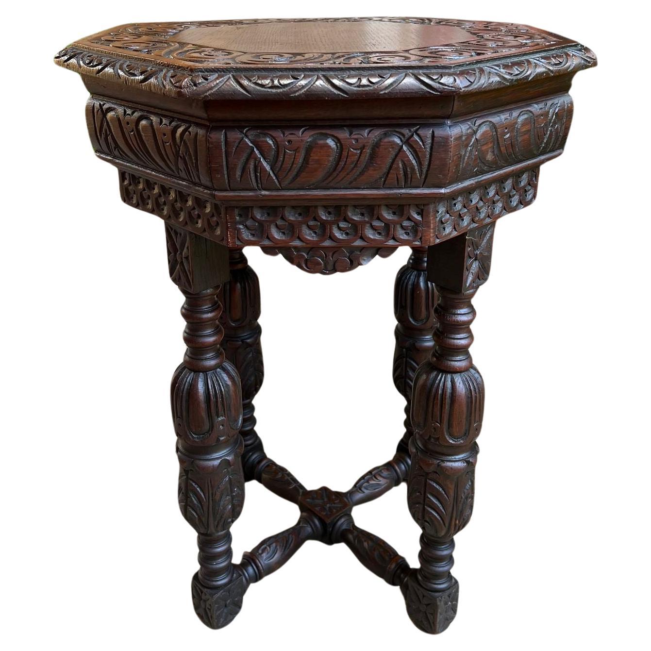 PETITE Antique French Octagon Center Side TABLE Side End Renaissance Carved Oak For Sale