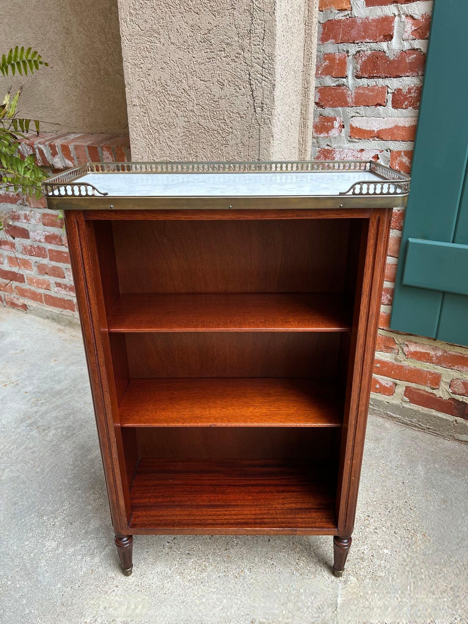 PETITE Antique French Open Bookcase White Marble Louis XVI Mahogany c1930 8