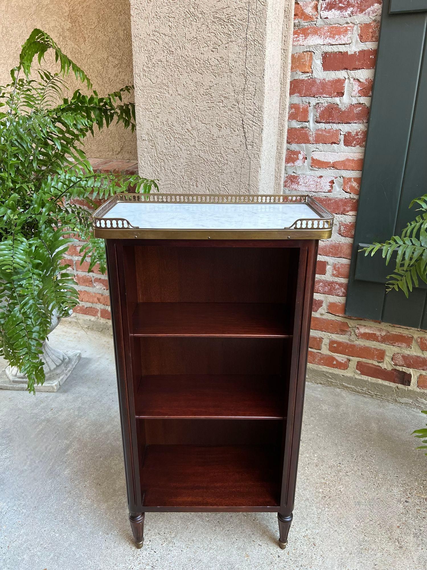 PETITE Antique French Open Bookcase White Marble Louis XVI Mahogany c1930 9