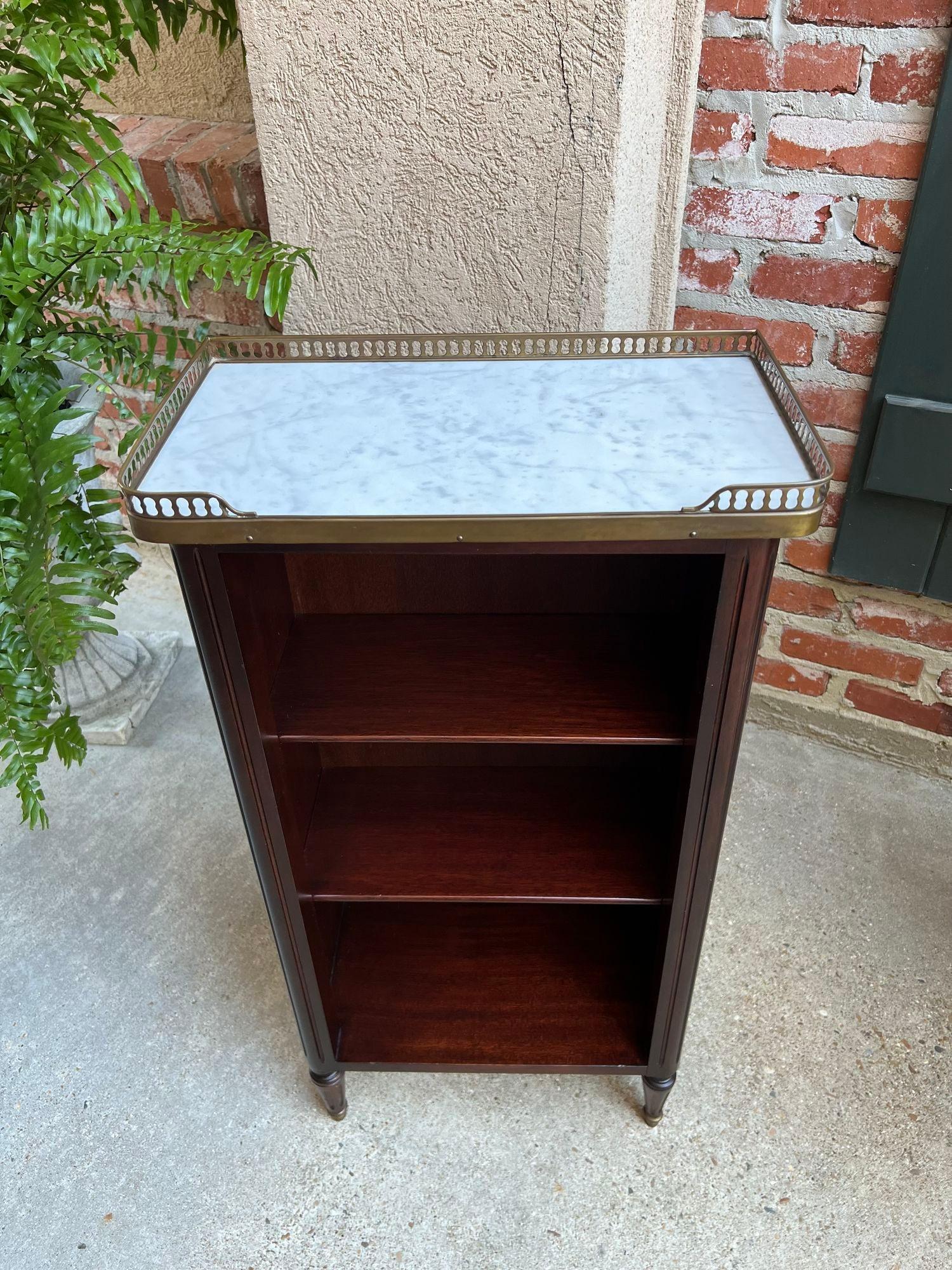 PETITE Antique French Open Bookcase White Marble Louis XVI Mahogany c1930 10