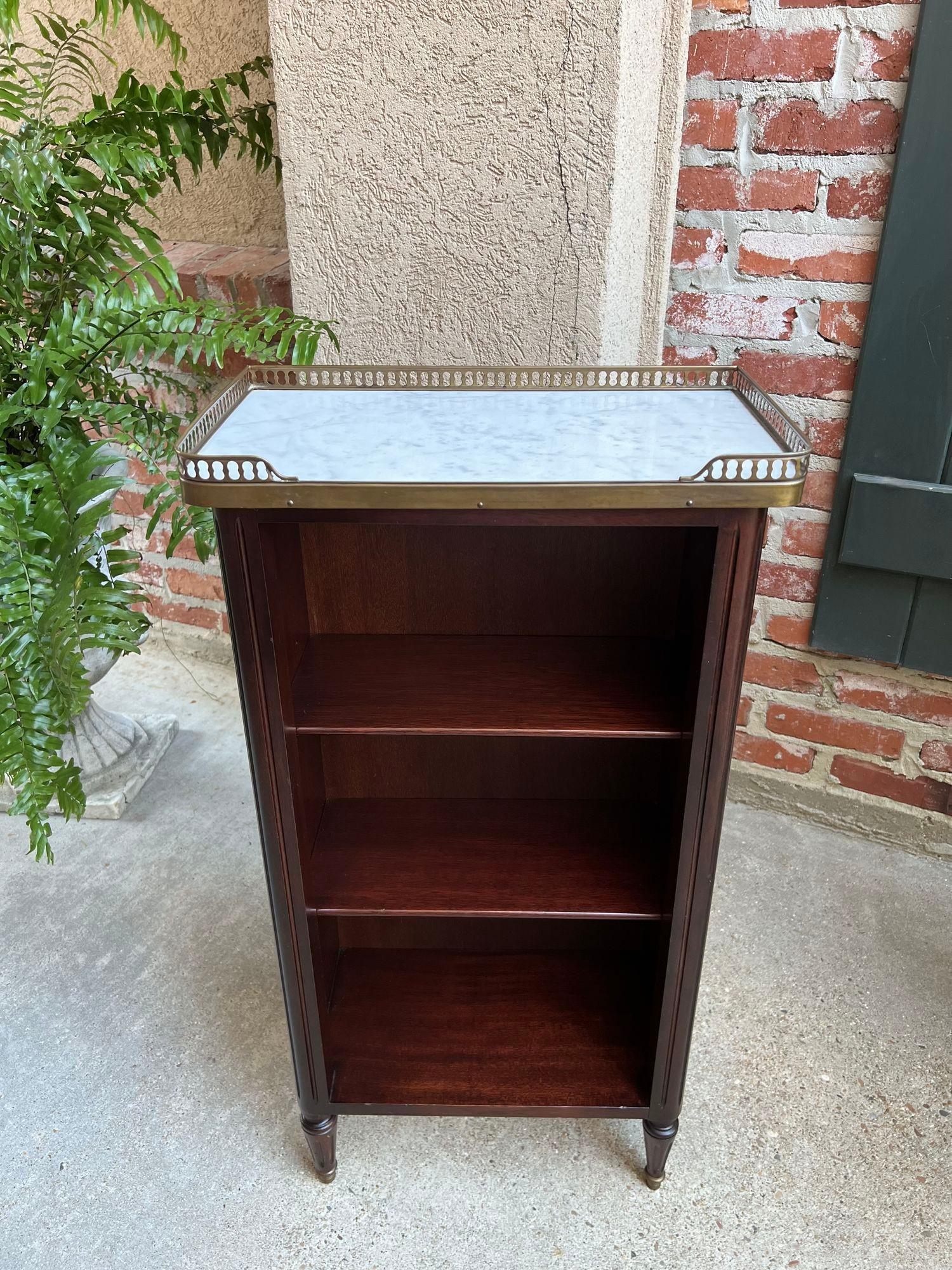 PETITE Antique French Open Bookcase White Marble Louis XVI Mahogany c1930 11