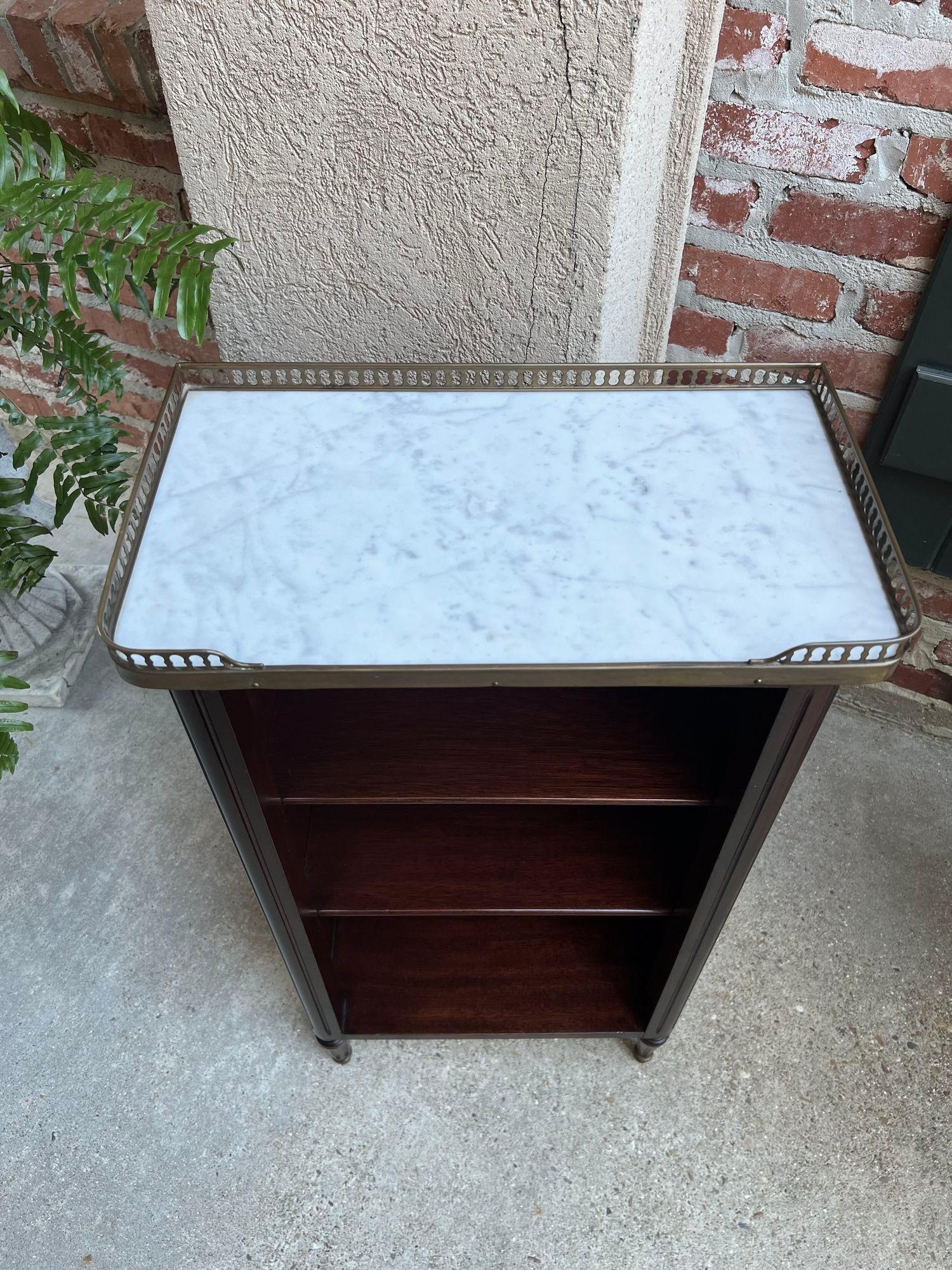 PETITE Antique French Open Bookcase White Marble Louis XVI Mahogany c1930 13