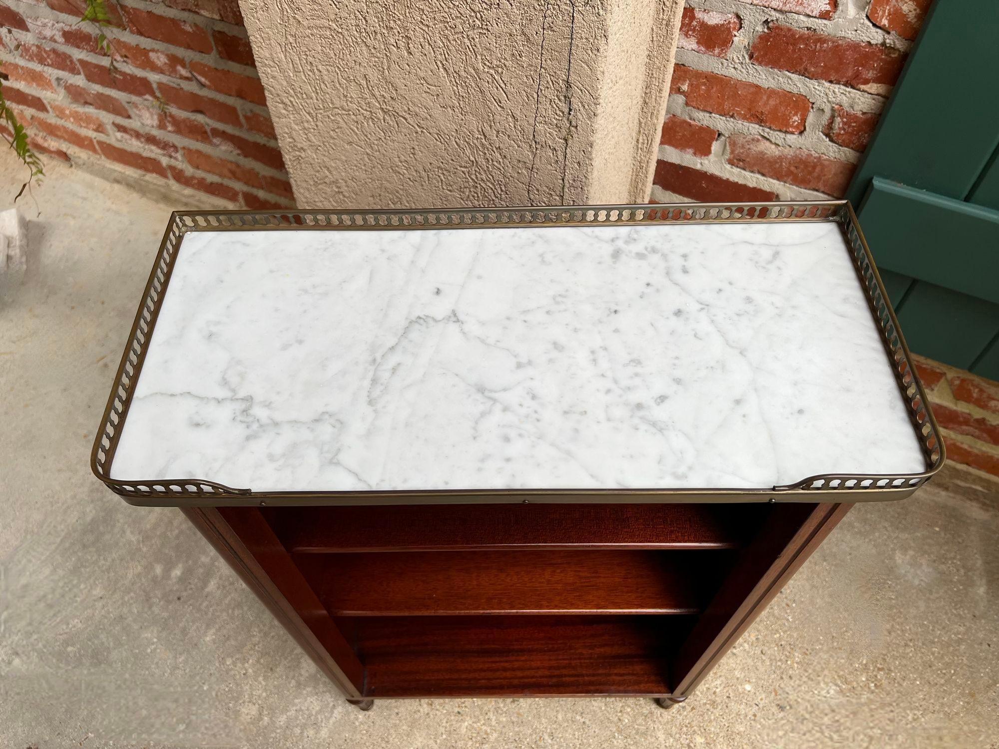 PETITE Antique French Open Bookcase White Marble Louis XVI Mahogany c1930 13
