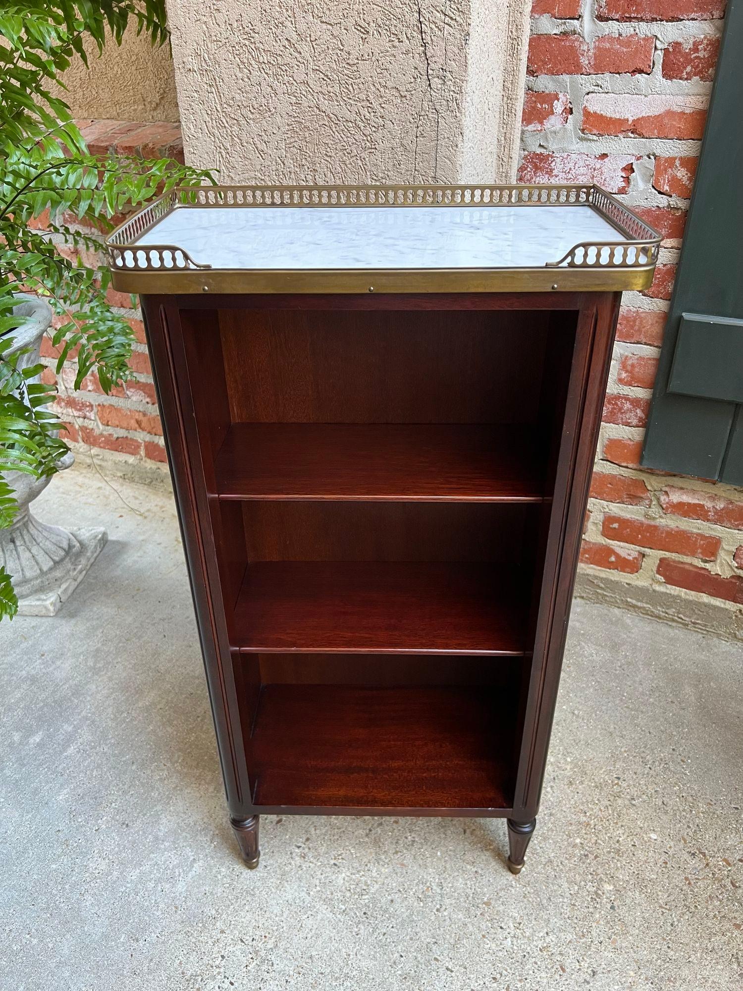 PETITE Antique French Open Bookcase White Marble Louis XVI Mahogany c1930 In Good Condition In Shreveport, LA